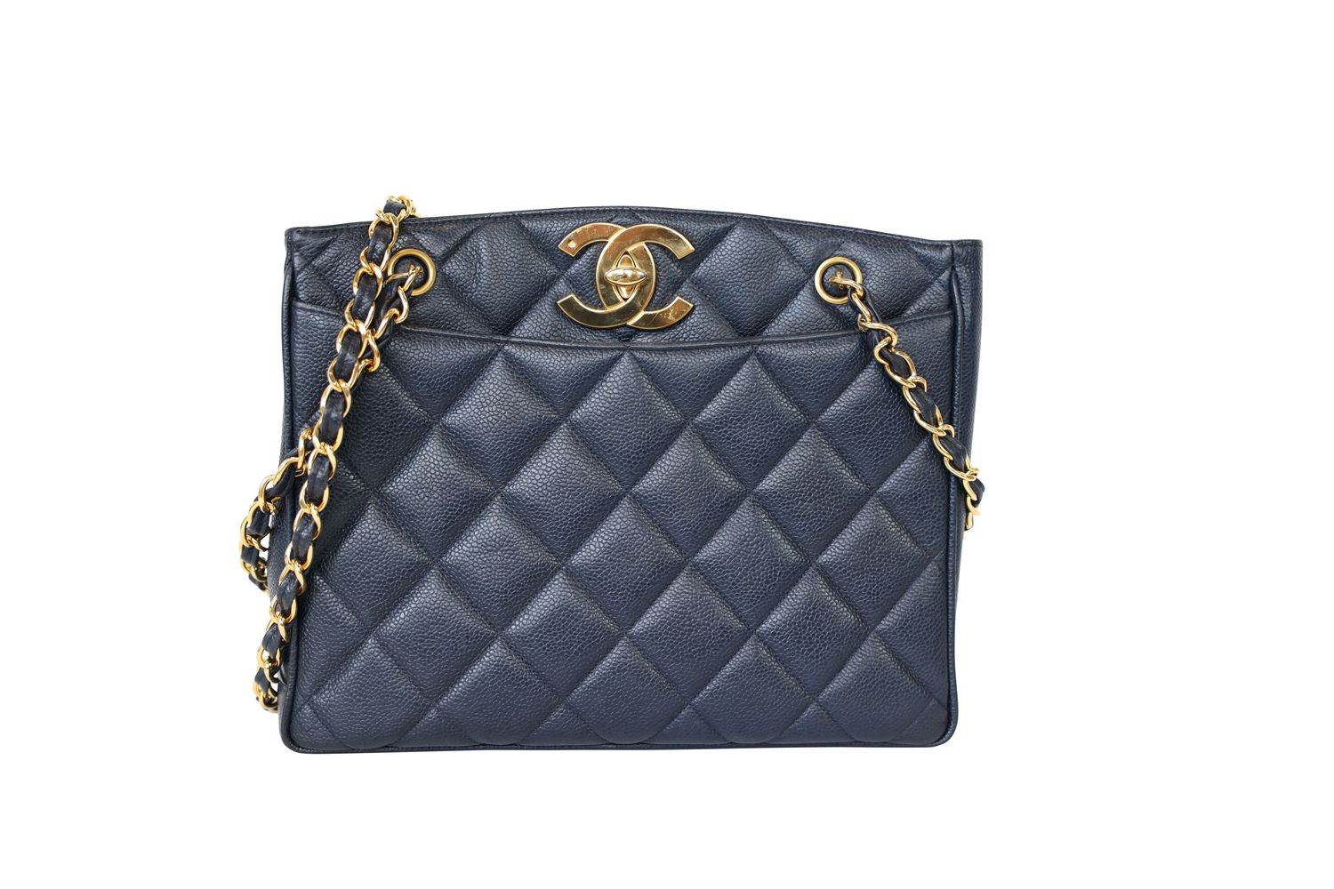 Chanel CC Vintage Shopper Tote Bag, Black Blue Navy Quilted Caviar and Gold Hardware, Preowned No Dustbag WA001