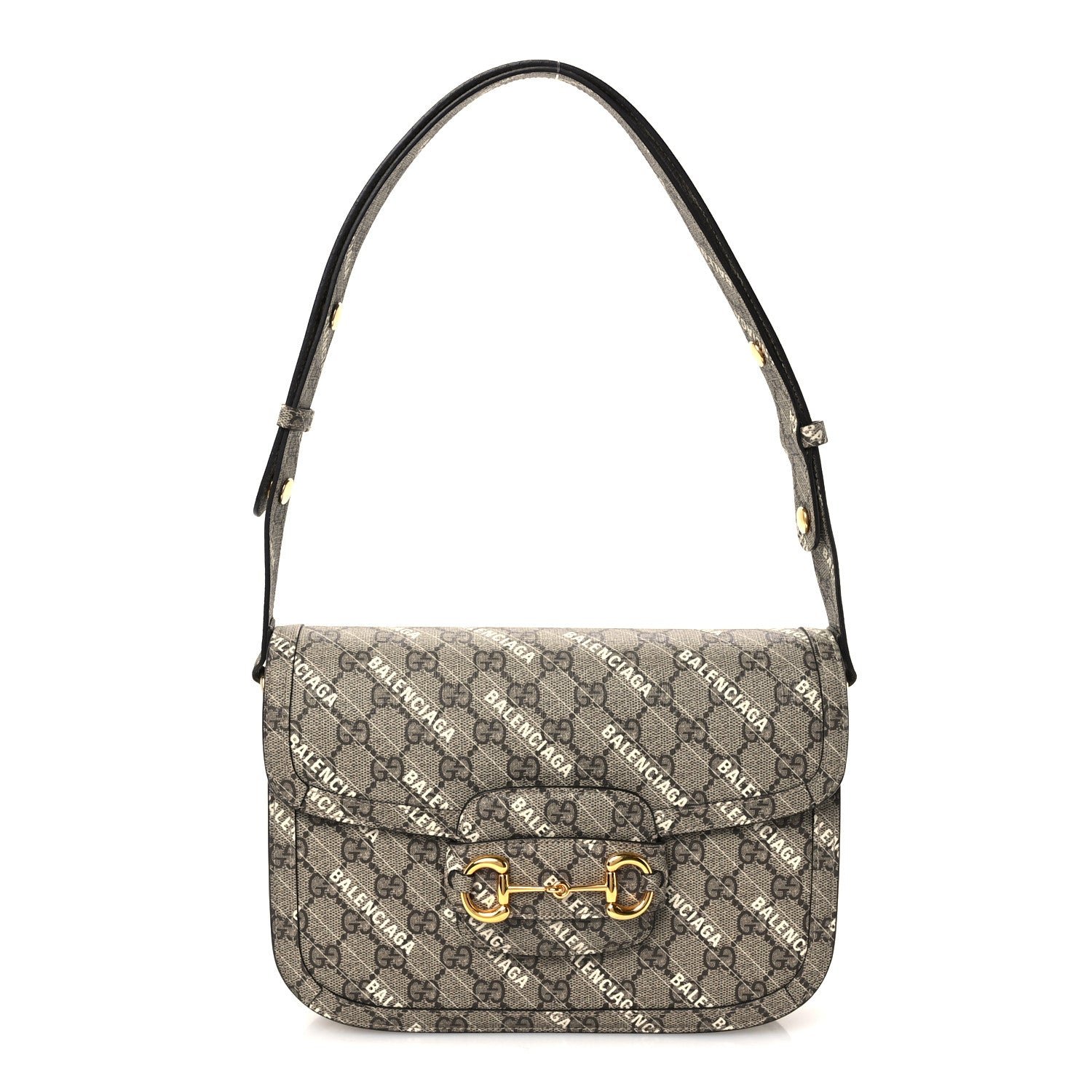 Gucci X BALENCIAGA GG Supreme Monogram Logo Print Horsebit 1955 Shoulder Bag Beige Ebony