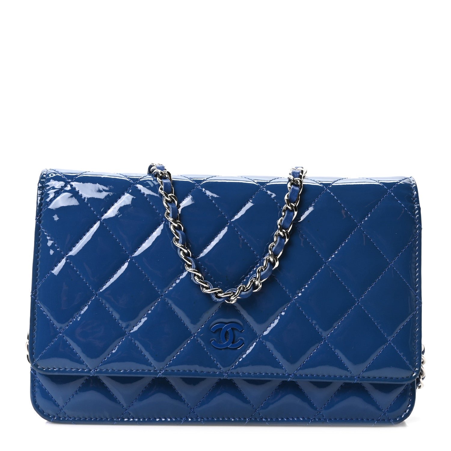 Patent Calfskin Quilted Wallet On Chain WOC Dark Blue
