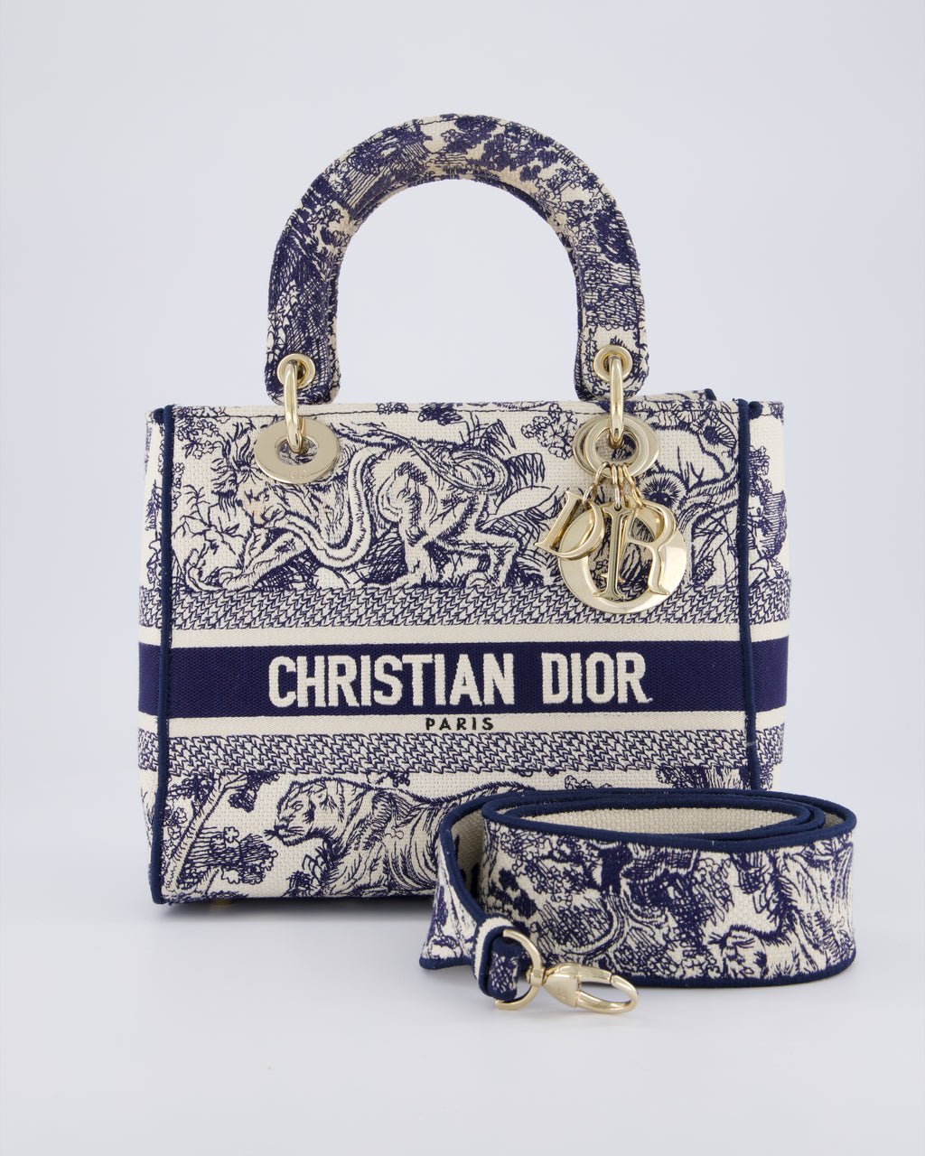 Christian Dior Medium Lady D-Lite Blue and White Toile de Jouy Bag in Canvas with Gold Hardware