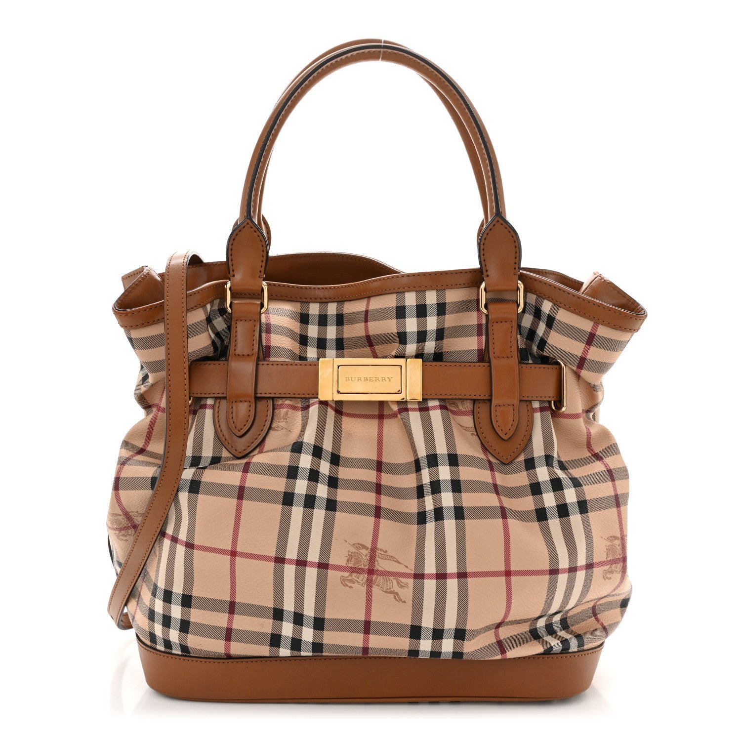 Burberry Haymarket Check Medium Golderton Tote Mid Camel