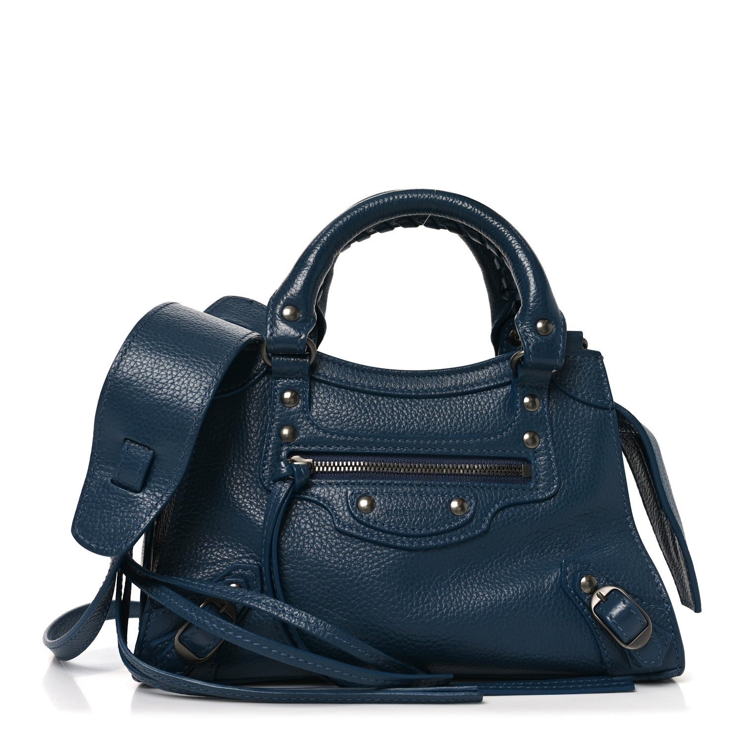 Balenciaga Grained Calfskin Neo Classic Silver Hardware Mini City Petrol Blue