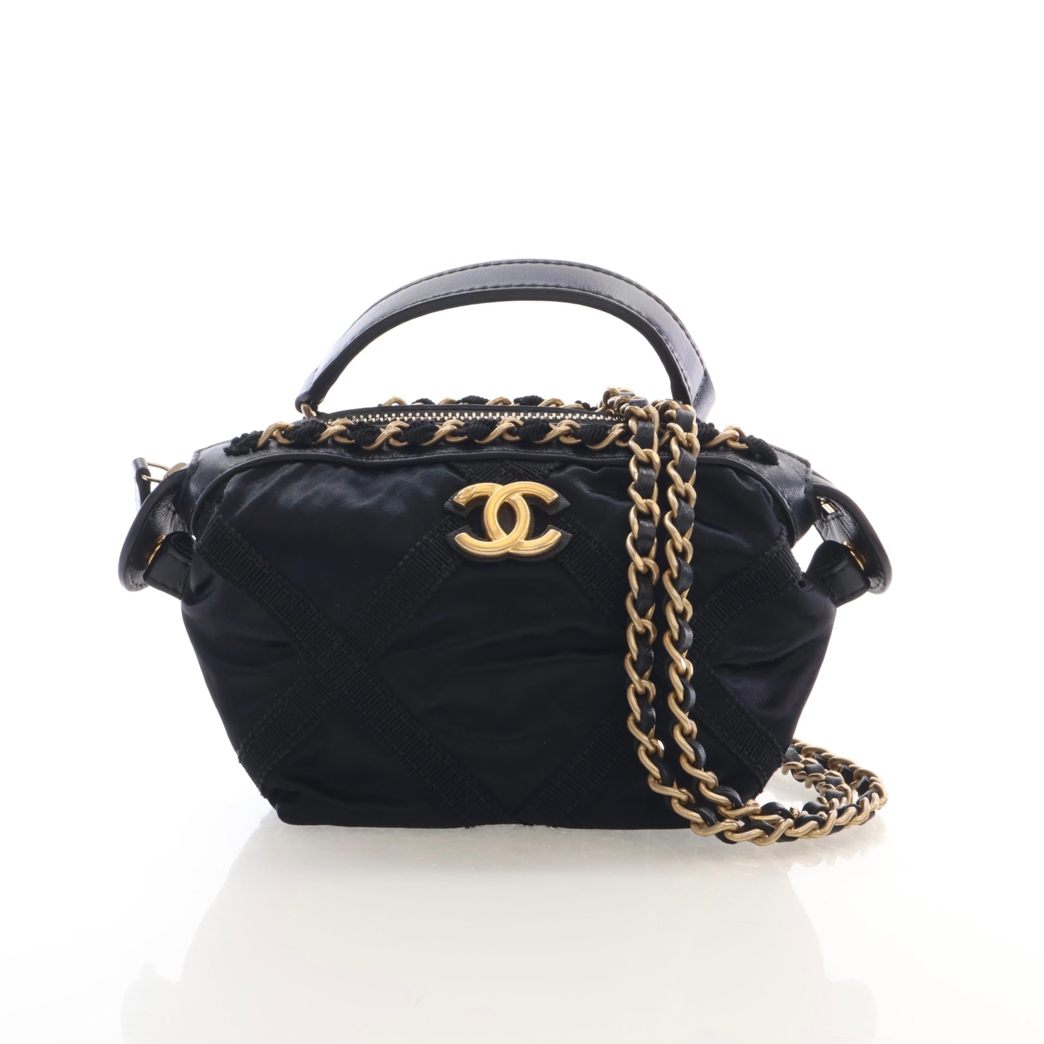 Chanel Nylon Grosgrain Top Handle Clutch with Chain