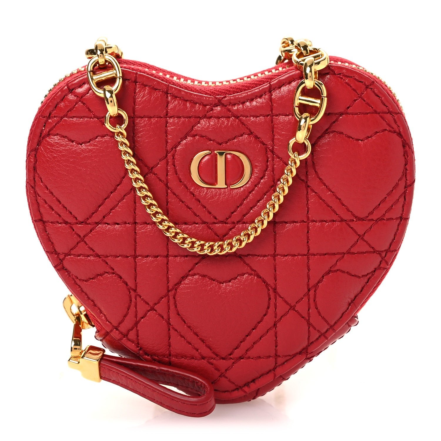 Christian Dior Calfskin Cannage Dioramour Caro Heart Pouch With Chain Bright Red