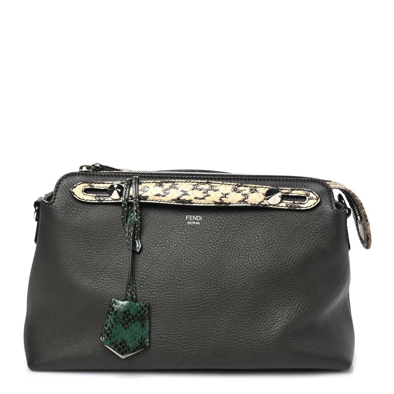 Fendi Vitello Snakeskin Medium By The Way Boston Bag Dark Green Roccia