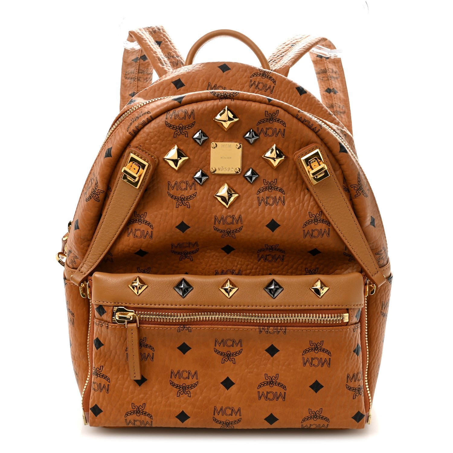 MCM Visetos Studded Small Dual Stark Backpack Cognac