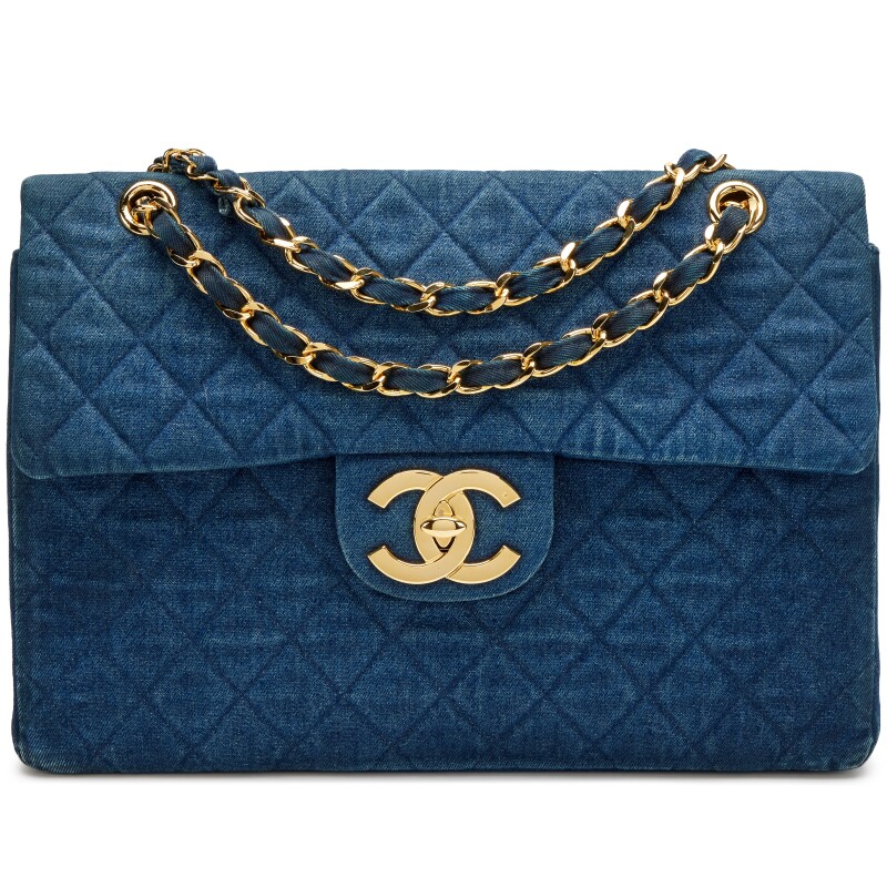 Vintage Dark Blue Quilted Denim Maxi Jumbo XL Classic Single Flap Bag Gold Hardware, 1989-1991