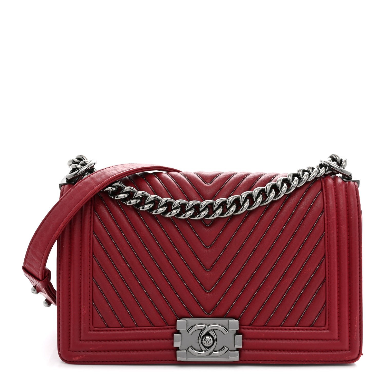 Chanel Calfskin Embroidered Chevron Medium Boy Flap Dark Red