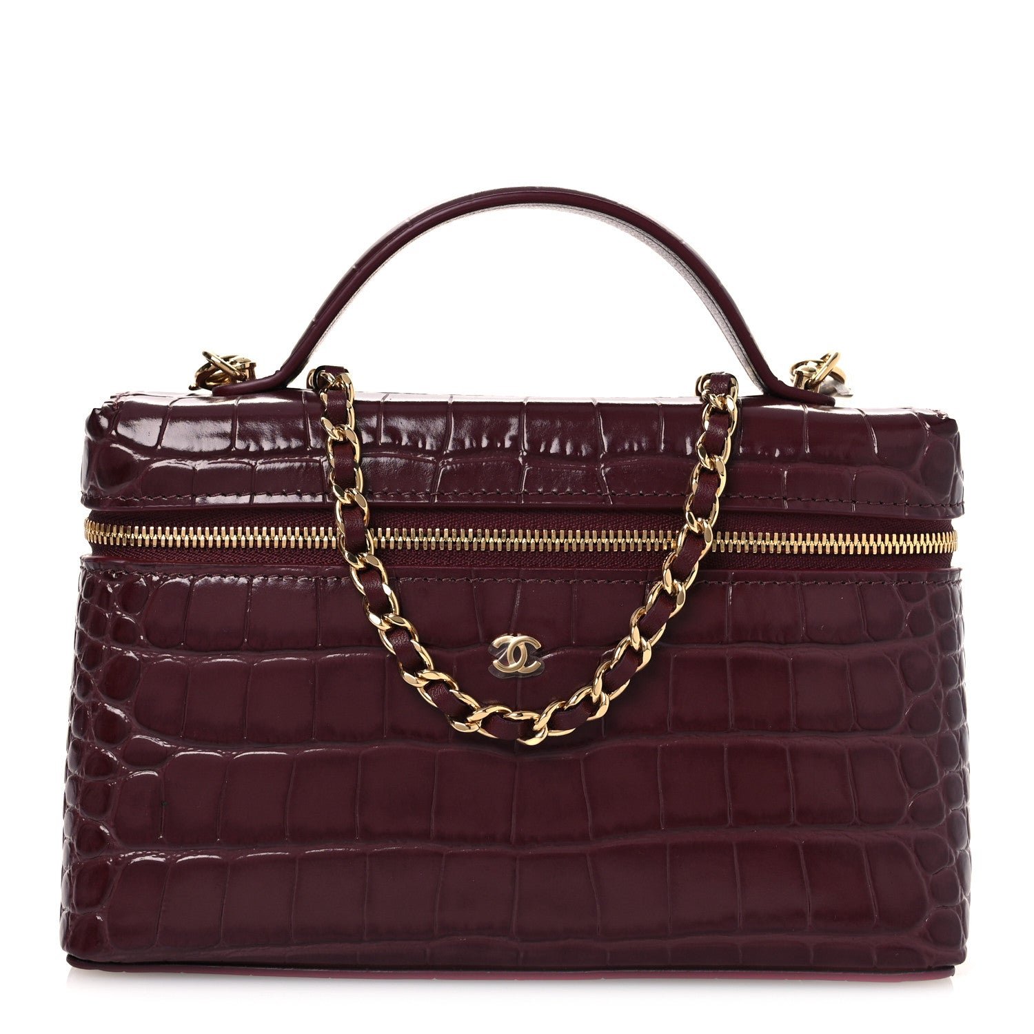 Chanel Calfskin Crocodile Embossed Crococo Exoticoco Vanity With Chain Dark Burgundy