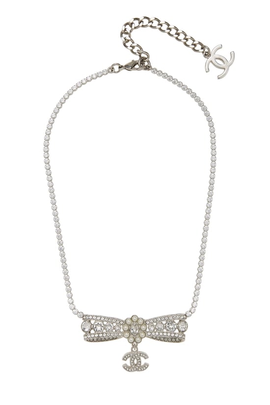 Silver Crystal 'CC' Bow Necklace