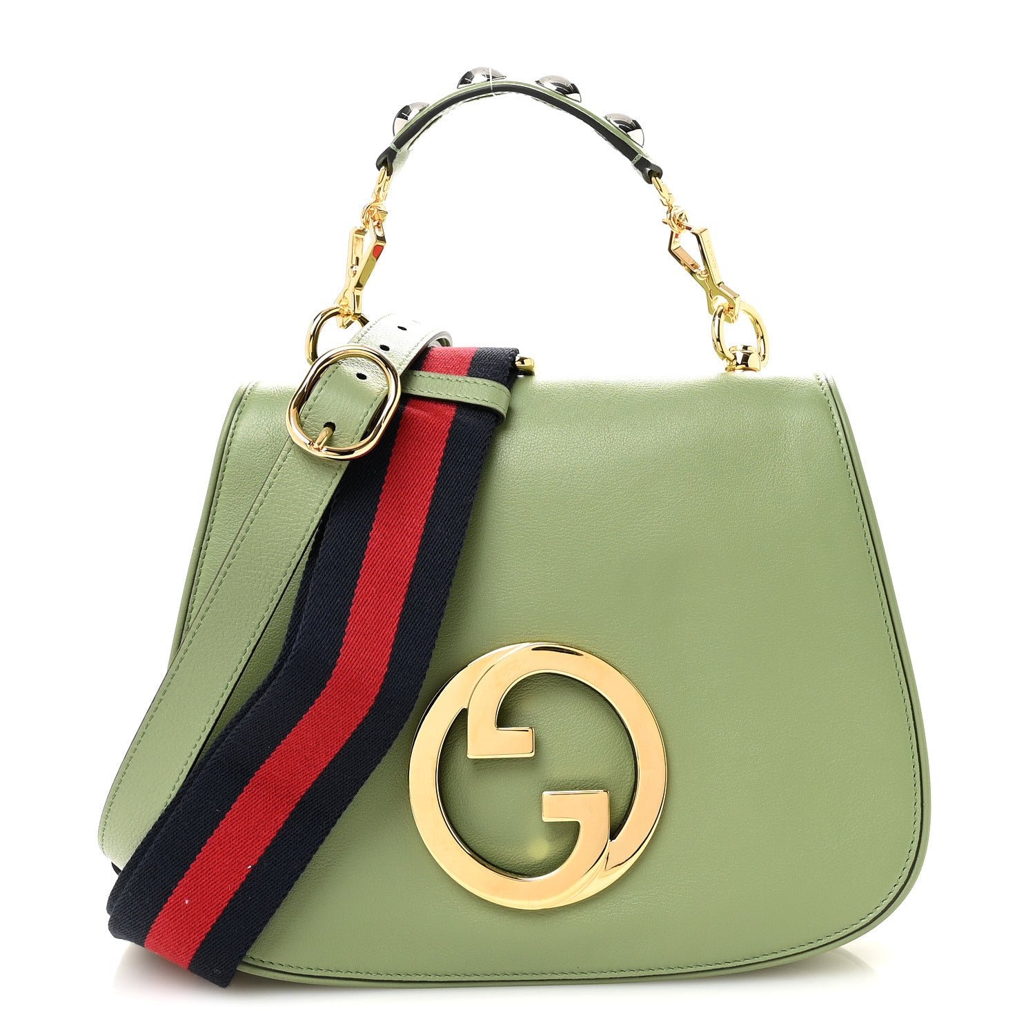 Gucci Roxy Calfskin Web Medium Blondie Top Handle Shoulder Flap Bag Salamander Green