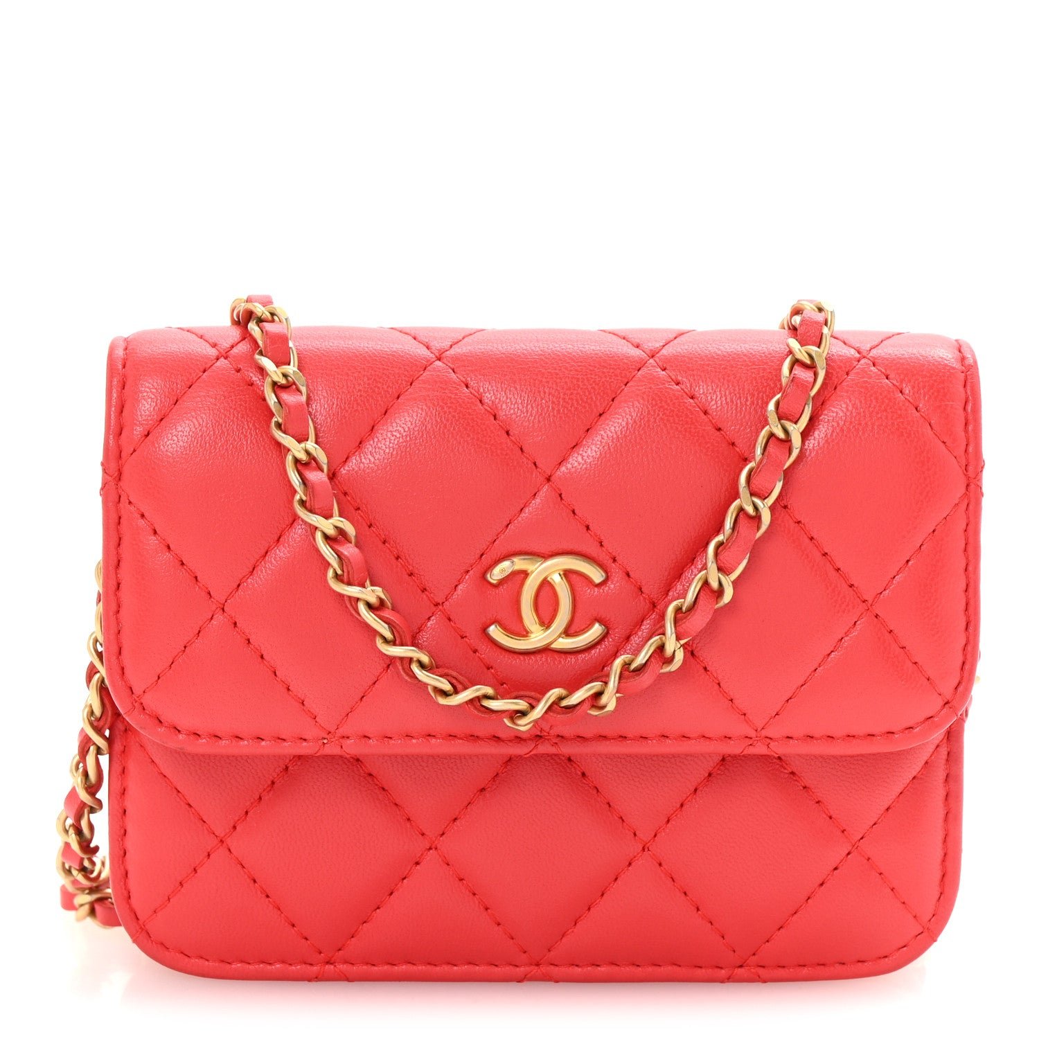 Chanel Lambskin Quilted Pearl Crush Clutch With Chain Red