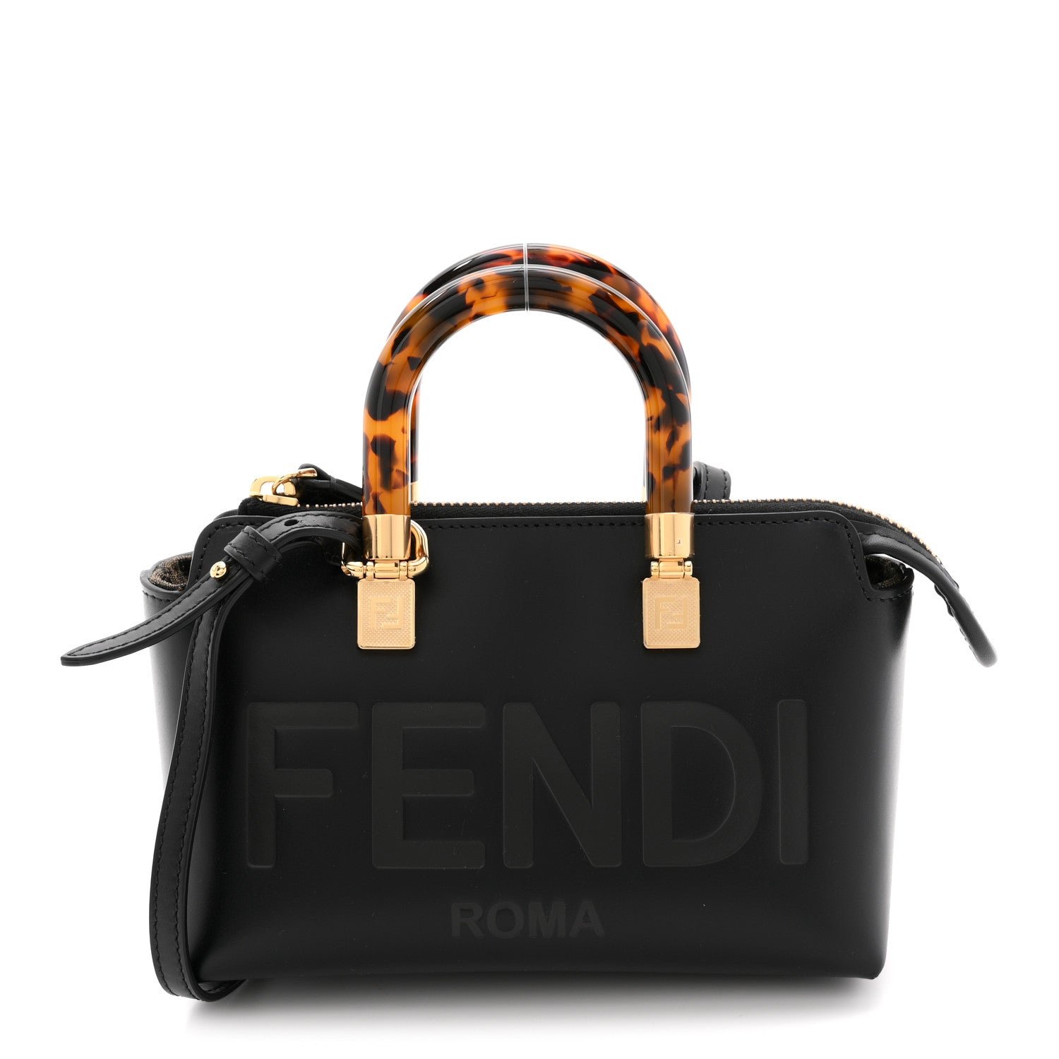 Fendi Vitello King Plexiglass Logo Embossed Mini By The Way Top Handle Boston Bag Black