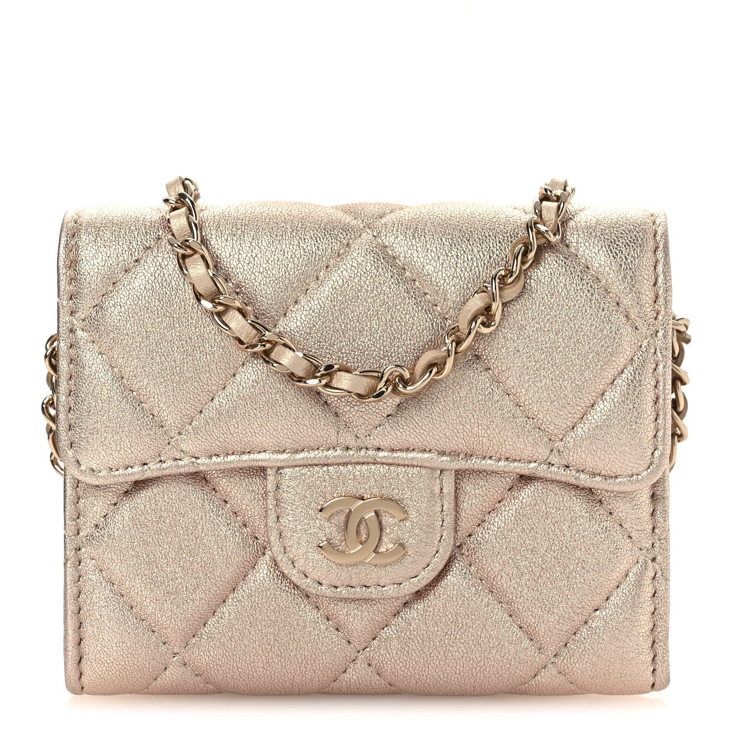 Chanel Metallic Lambskin Quilted Flap Card Holder On Chain Gold