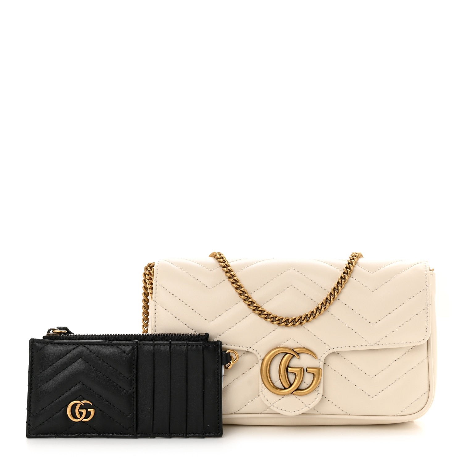 Gucci Calfskin Matelasse Mini GG Marmont Shoulder Bag With Card Holder White Black