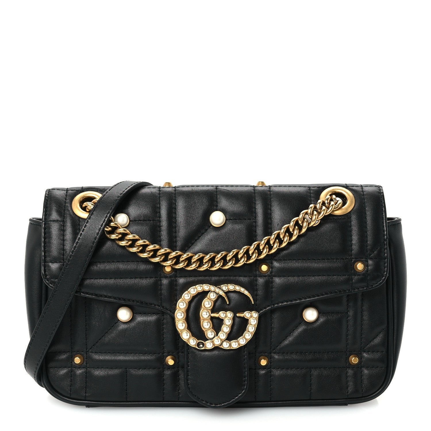 Gucci Calfskin Matelasse Studded Small Pearly GG Marmont Shoulder Bag Black