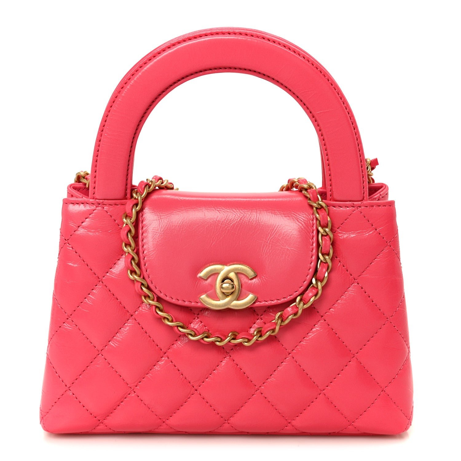 Chanel Shiny Aged Calfskin Quilted Nano Kelly Shopper Fuchsia