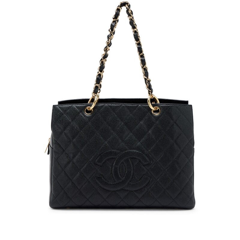 Vintage Black Quilted Caviar Timeless Large Shopping Tote Bag Gold Hardware, 2003