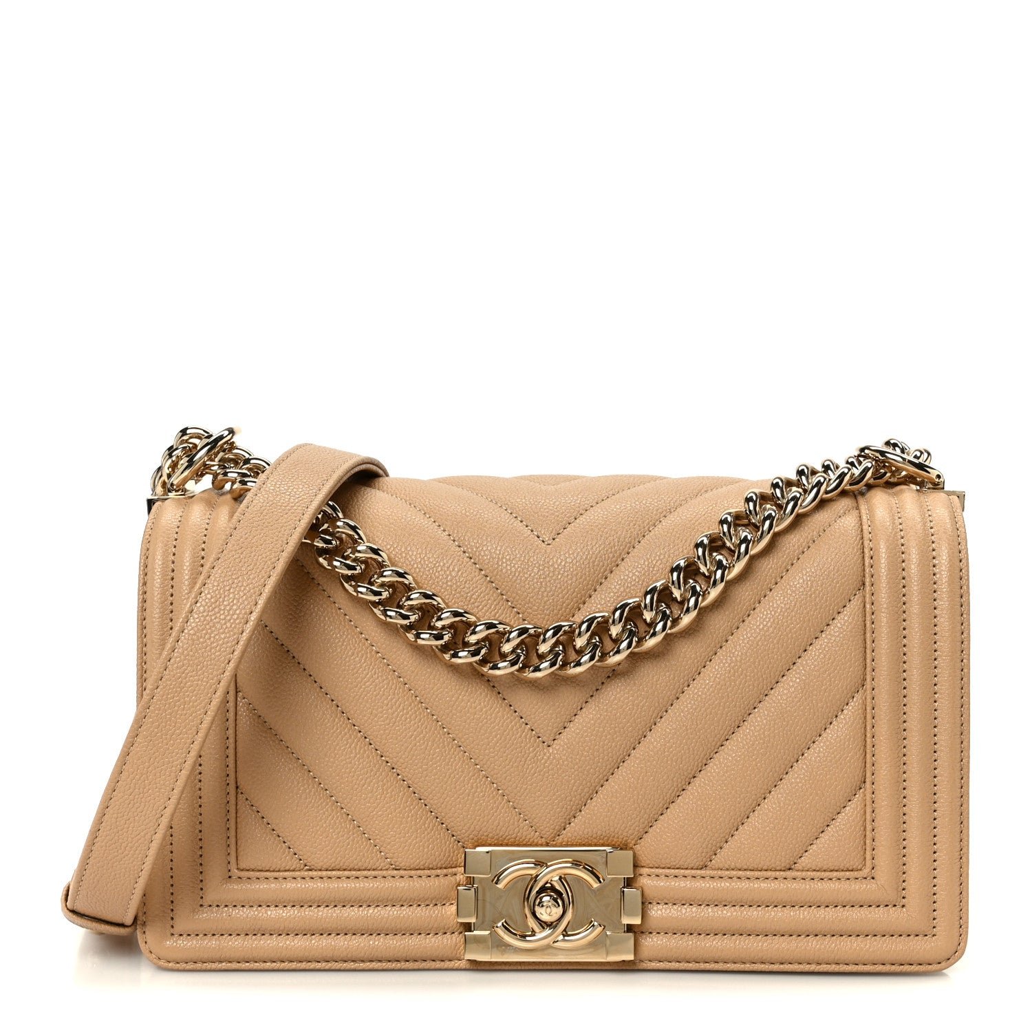 Chanel Caviar Chevron Quilted Medium Boy Flap Beige