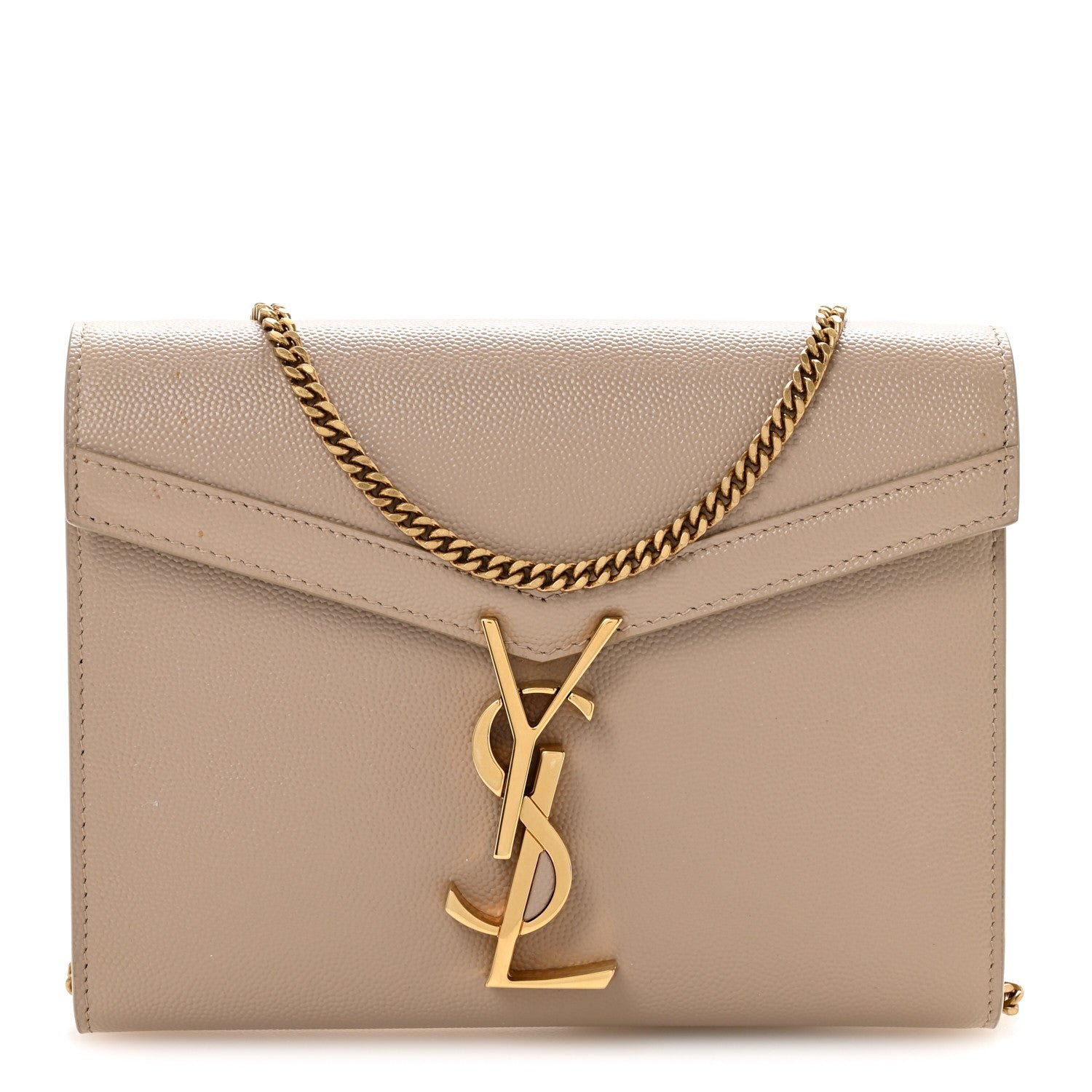 Saint Laurent Grain De Poudre Monogram Cassandra Chain Wallet  Dark Beige