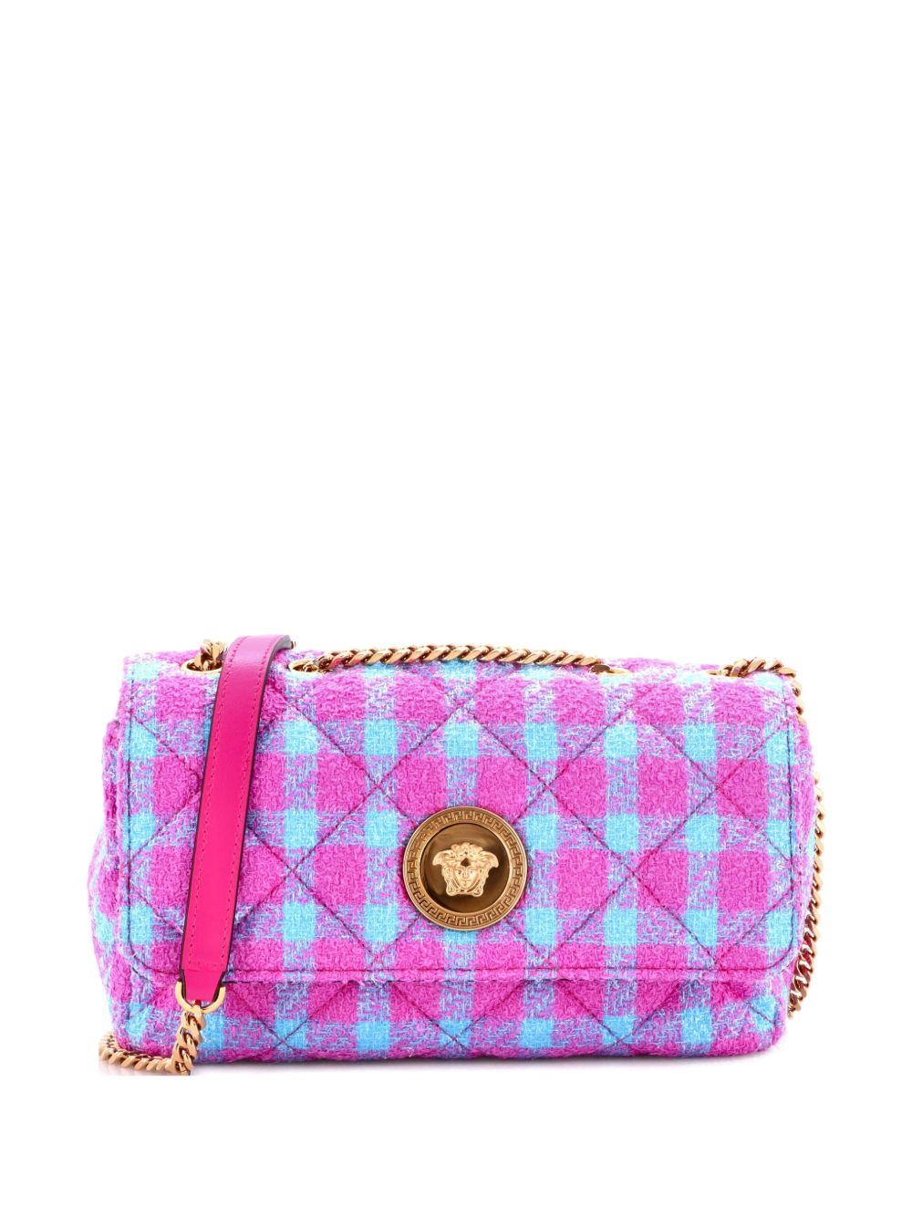 Medusa Icon Chain Flap Bag Quilted Tweed East West shoulder bag