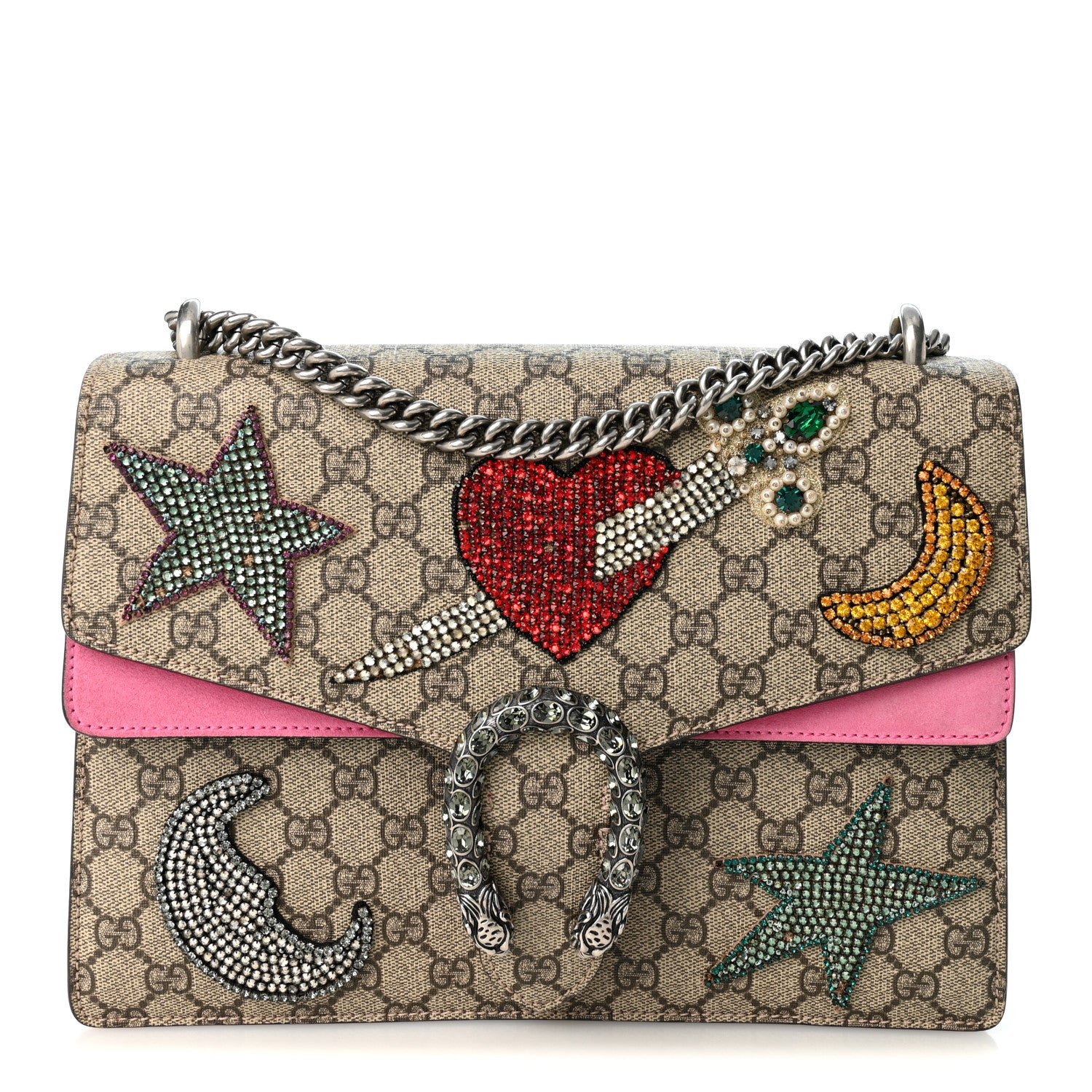 Gucci GG Supreme Monogram Suede Pierced Heart Embroidered Medium Dionysus Shoulder Bag Beige Ebony Pink Tropical Flower