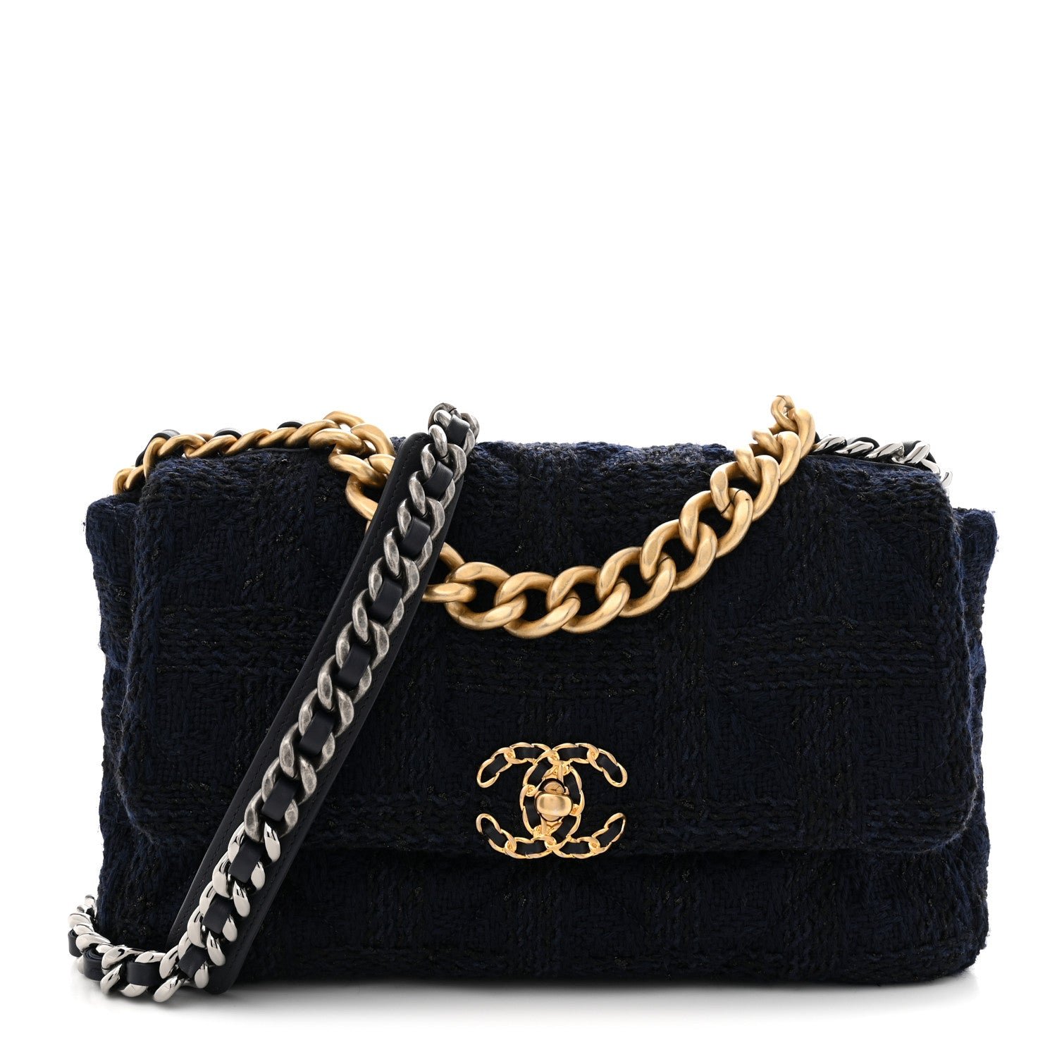 Chanel Tweed Quilted Large Chanel 19 Flap Navy Blue