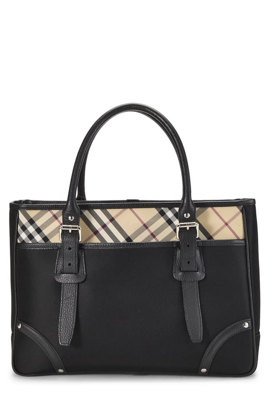 Black Nylon Check Zip Tote Medium