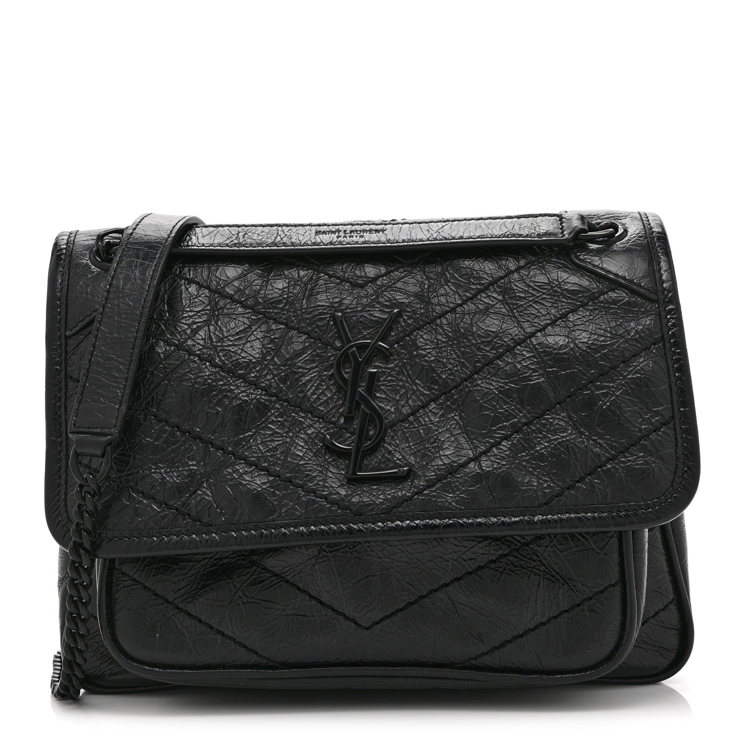 Saint Laurent Crinkled Calfskin Matelasse Monogram Baby Niki Chain Satchel Black