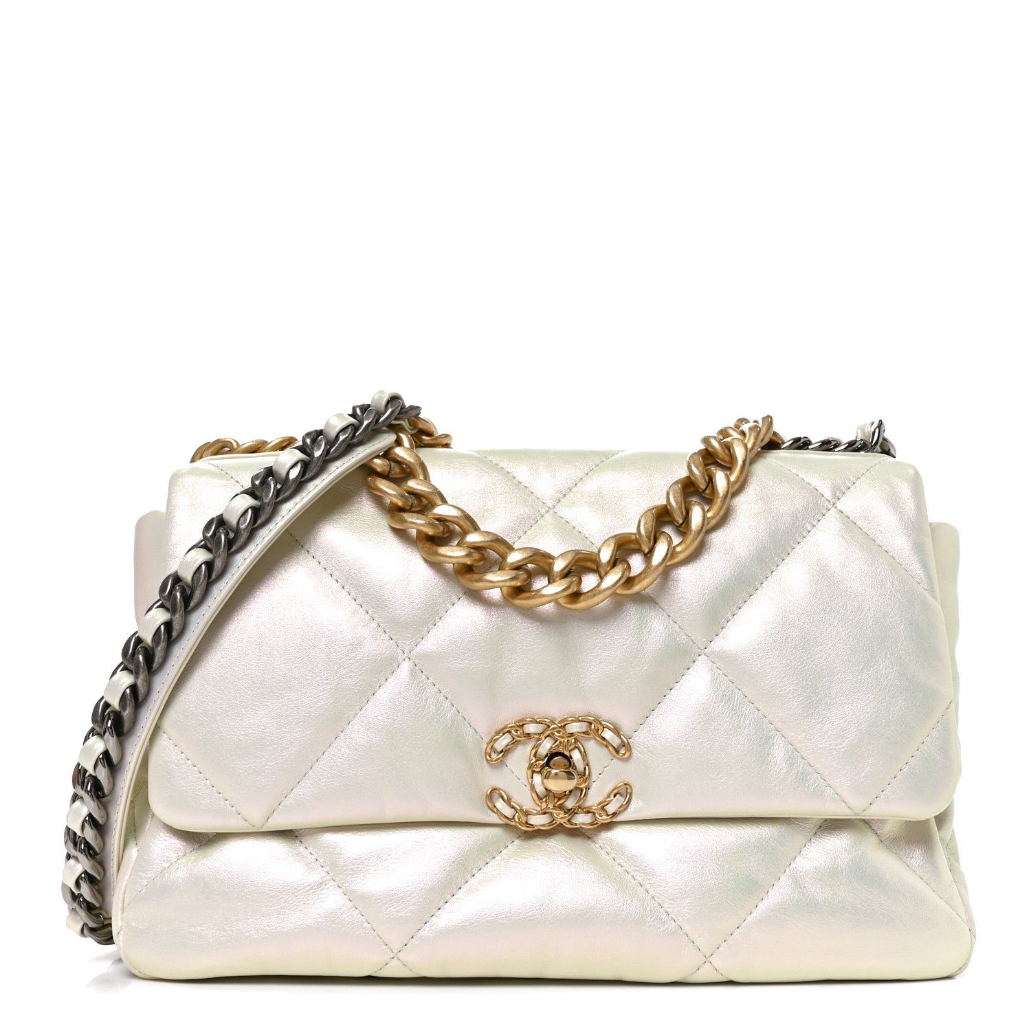 Chanel Iridescent Calfskin Quilted Large Chanel 19 Flap White