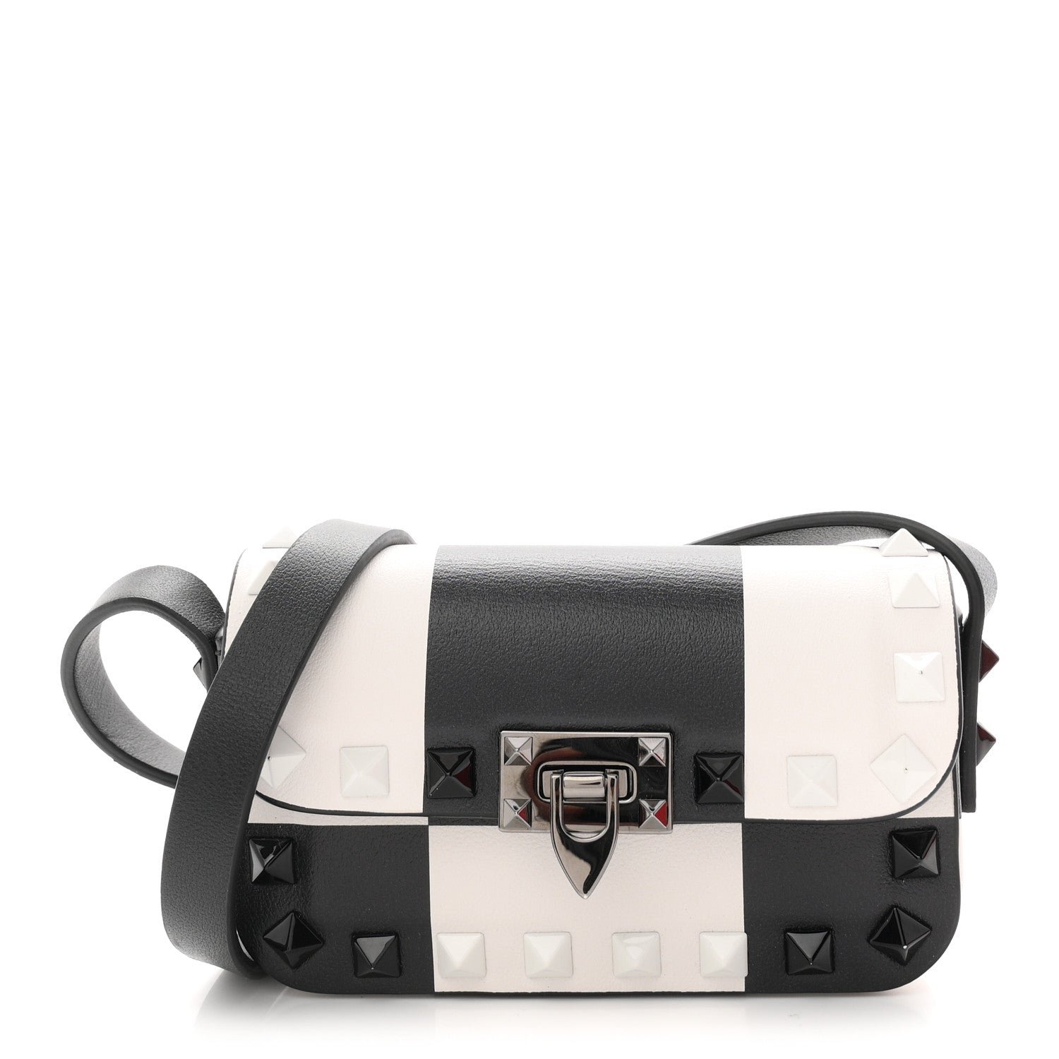 Valentino Garavani Vitello Chess Mini Rockstud Flip Lock Crossbody Bag Black White