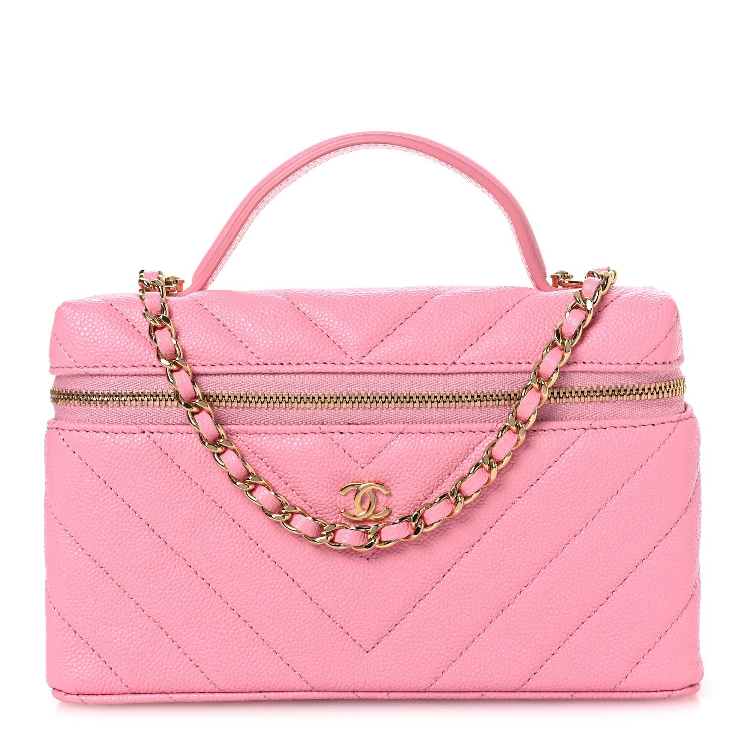 Chanel Shiny Caviar Quilted Sleek Chevron Vanity With Chain Rose