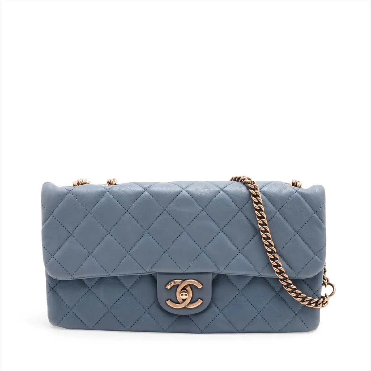 Chanel Matelasse Lambskin Single Flap Double Chain Bag Blue Gold Metal Fittings