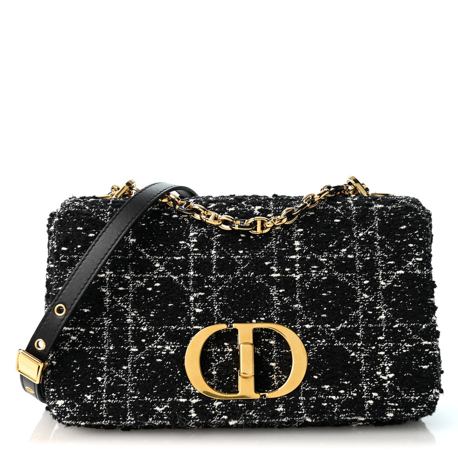 Christian Dior Calfskin Tweed Embroidered Cannage Medium Caro Bag Black White