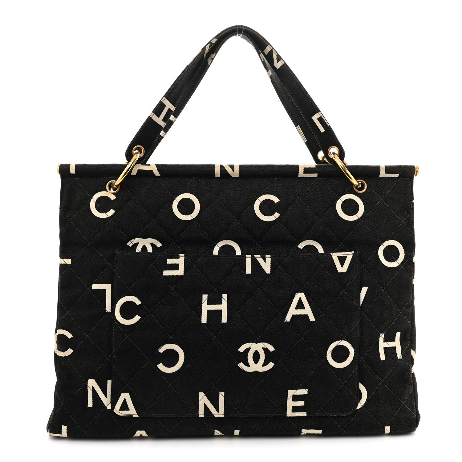 Chanel Canvas Printed Quilted Logo Tote Black White