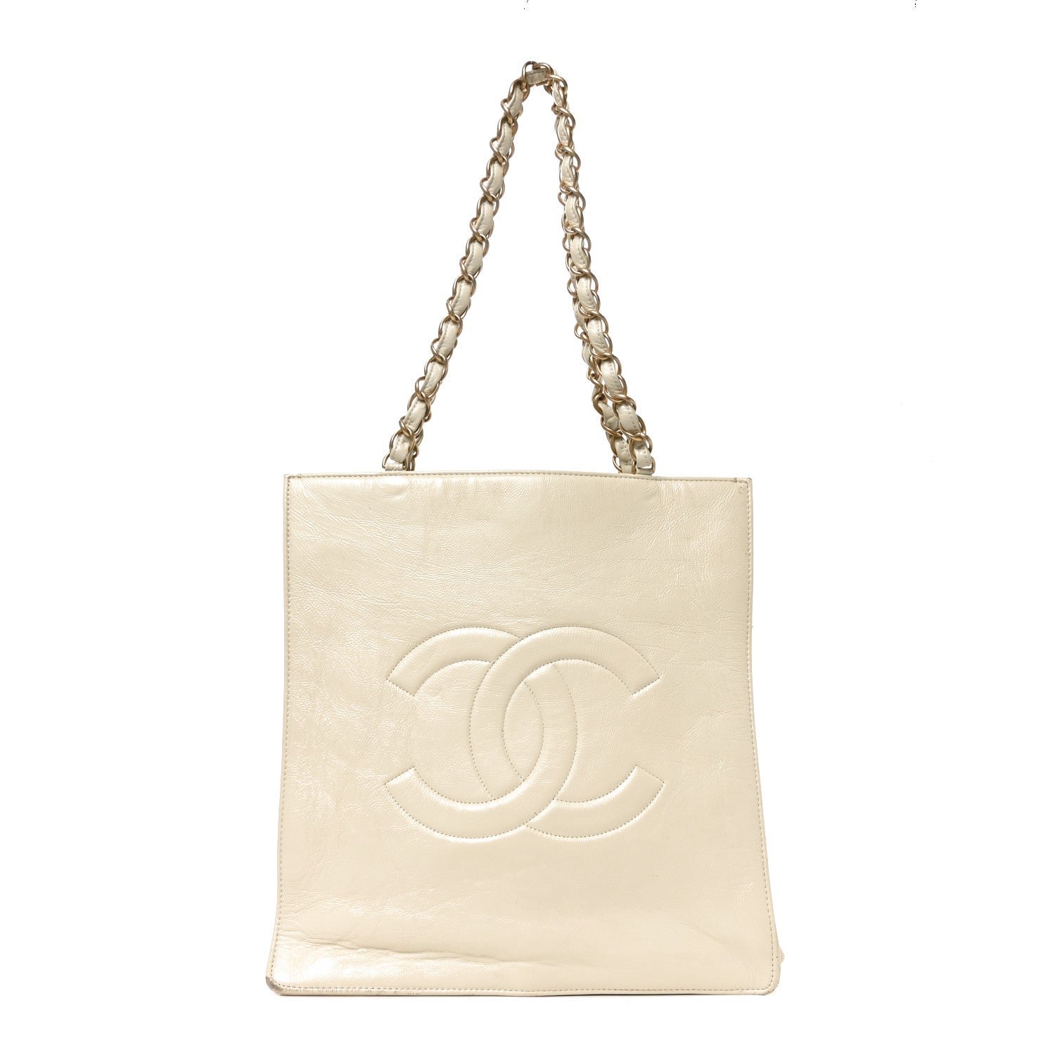 Chanel Shiny Aged Calfskin North South Shopping Bag White