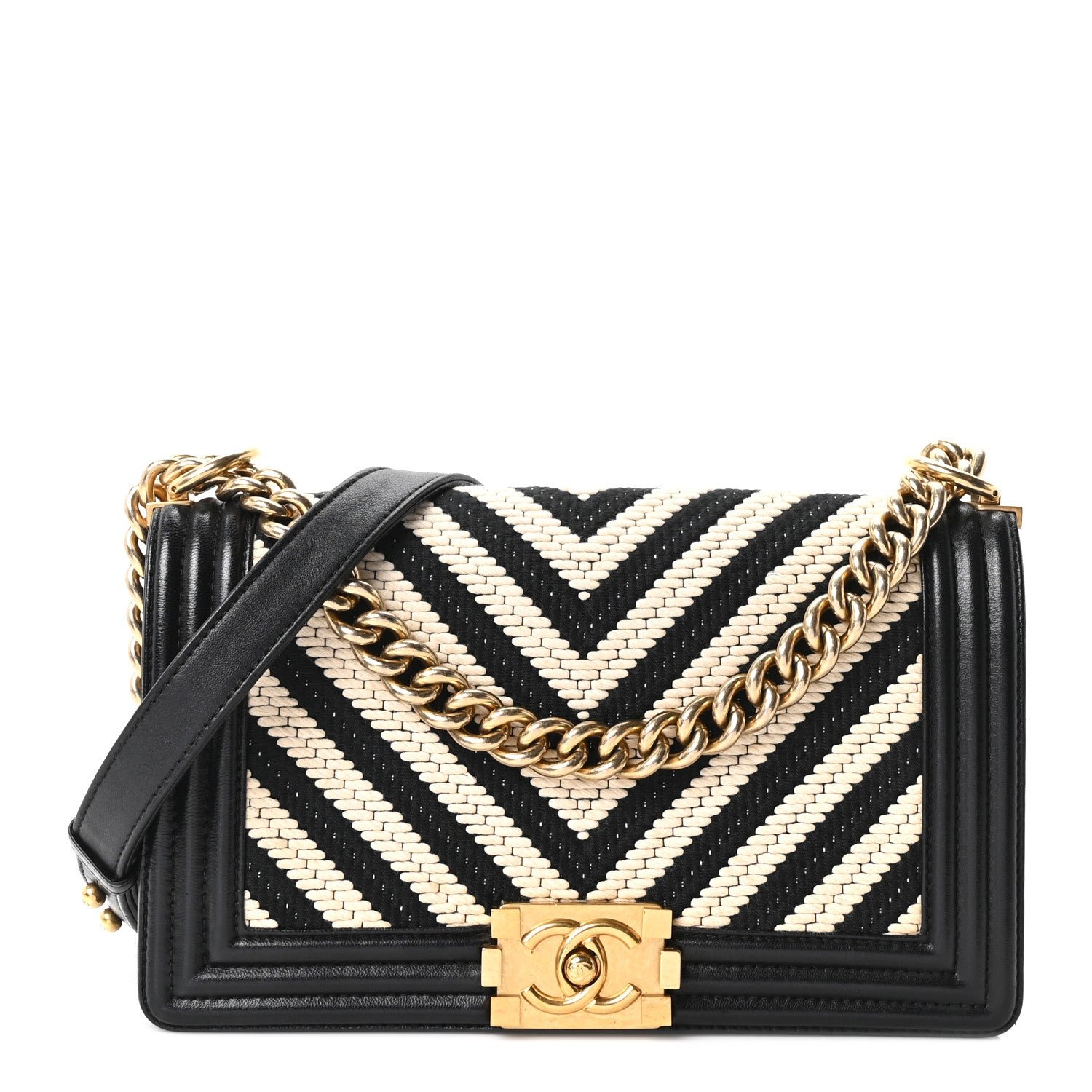 Chanel Fabric Chevron Braided Medium Boy Flap Black White