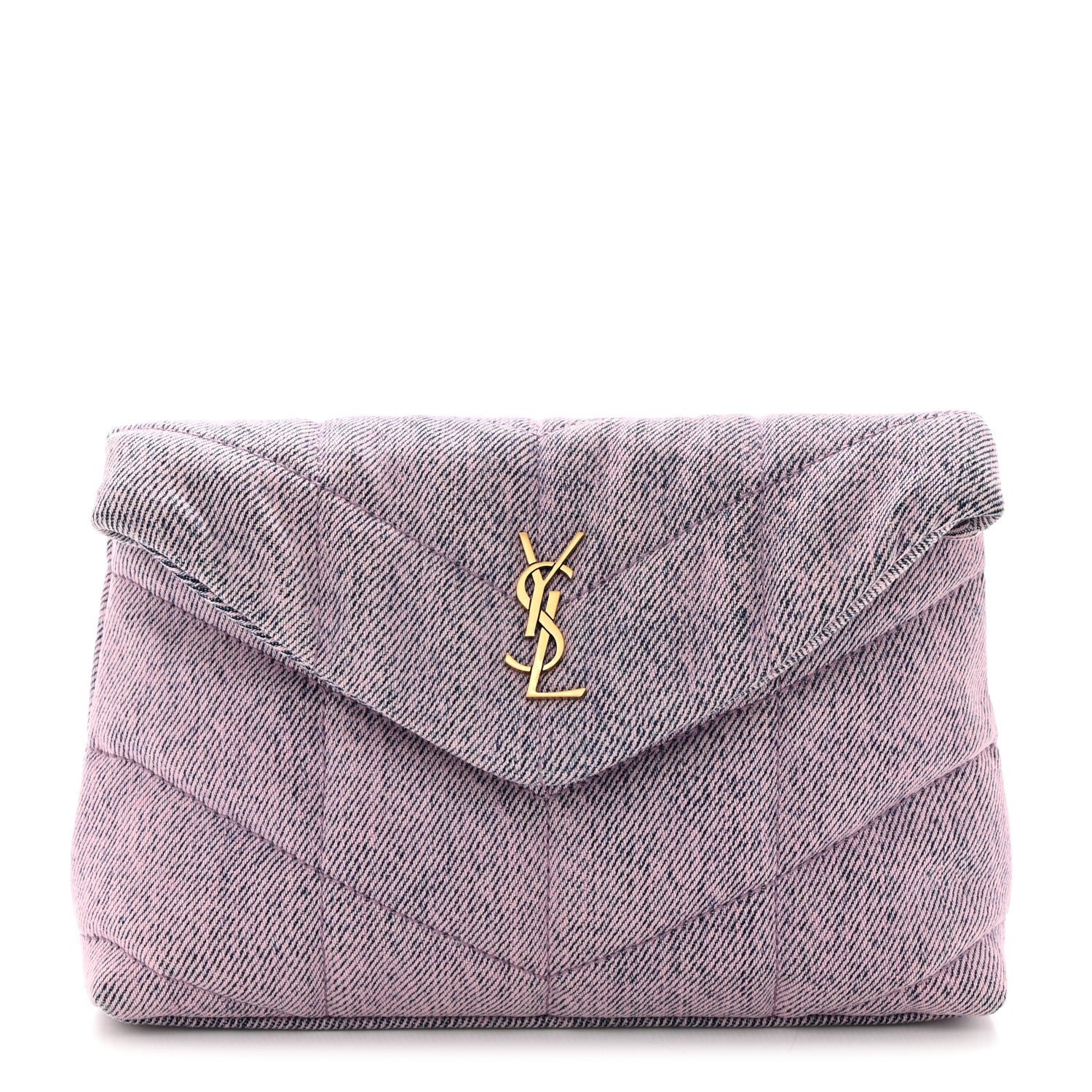 Saint Laurent Denim Quilted Loulou Puffer Monogram Pouch Clutch Bleached Lilac