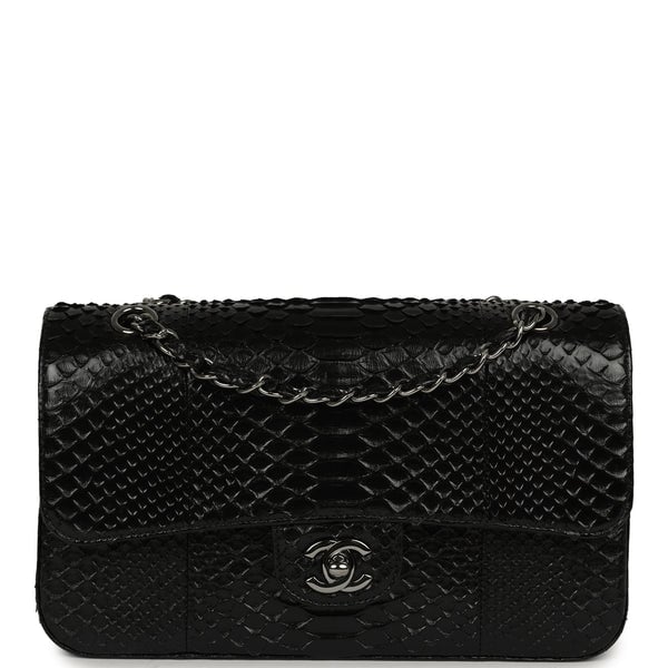 Pre-owned Chanel Medium Classic Double Flap Bag Black Python Silver Hardware