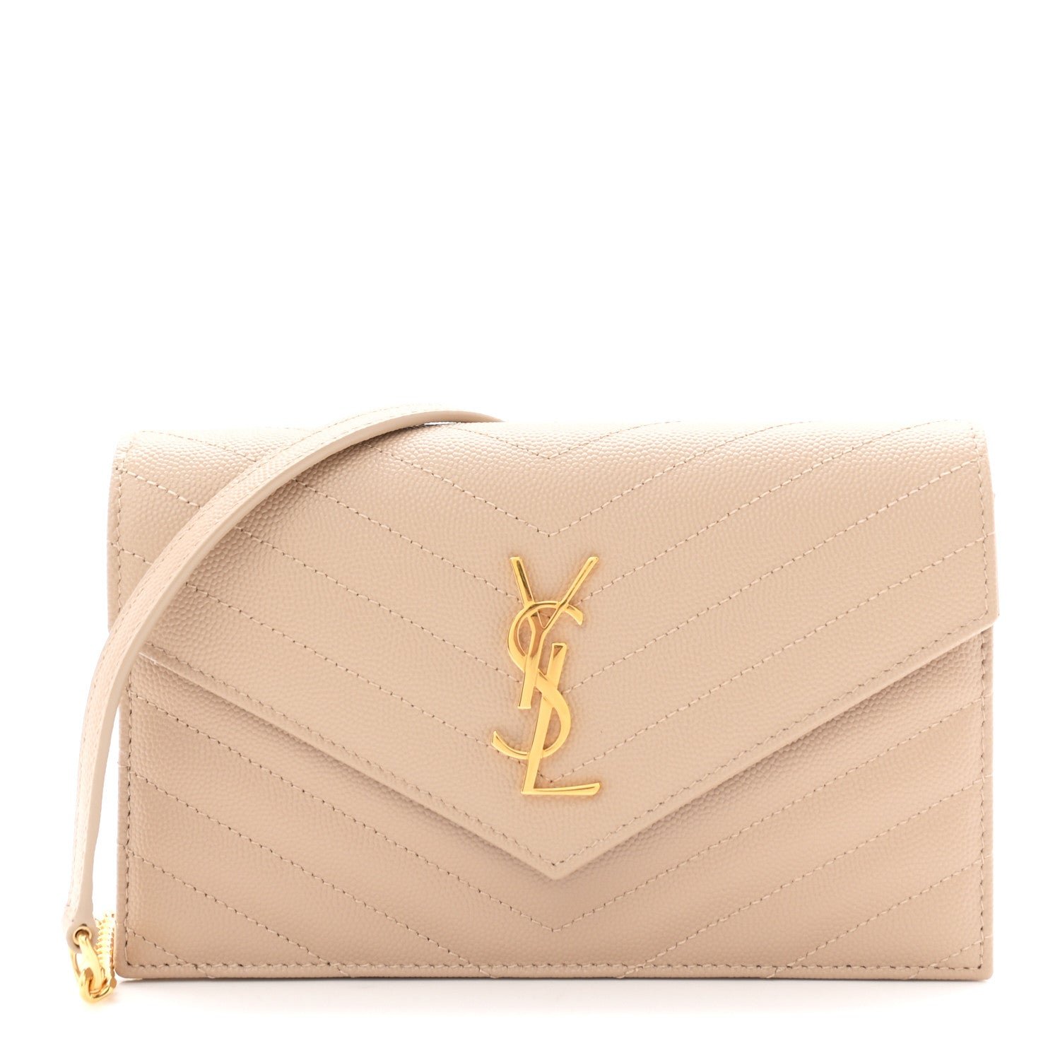 Saint Laurent Grain De Poudre Matelasse Chevron Monogram Envelope Chain Wallet Dark Beige