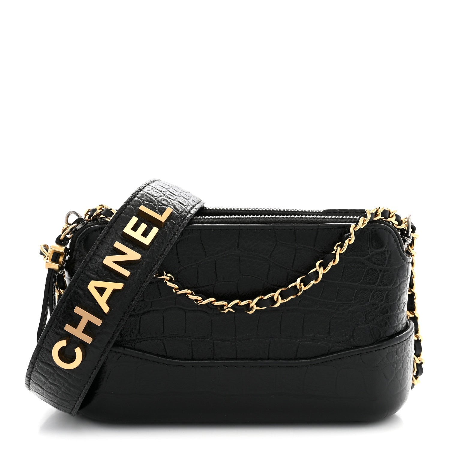 Chanel Calfskin Crocodile Embossed Small Gabrielle Clutch With Chain Black