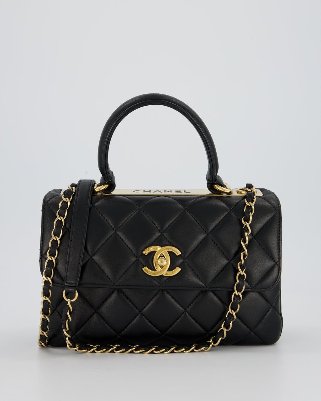 Chanel Black Small Trendy CC Top Handle Flap Bag in Quilted Lambskin Leather with Gold Hardware