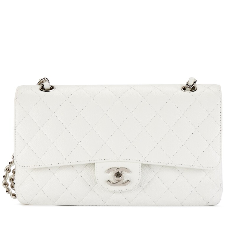 White Quilted Caviar Medium Classic Double Flap Bag Silver Hardware, 2005-2006