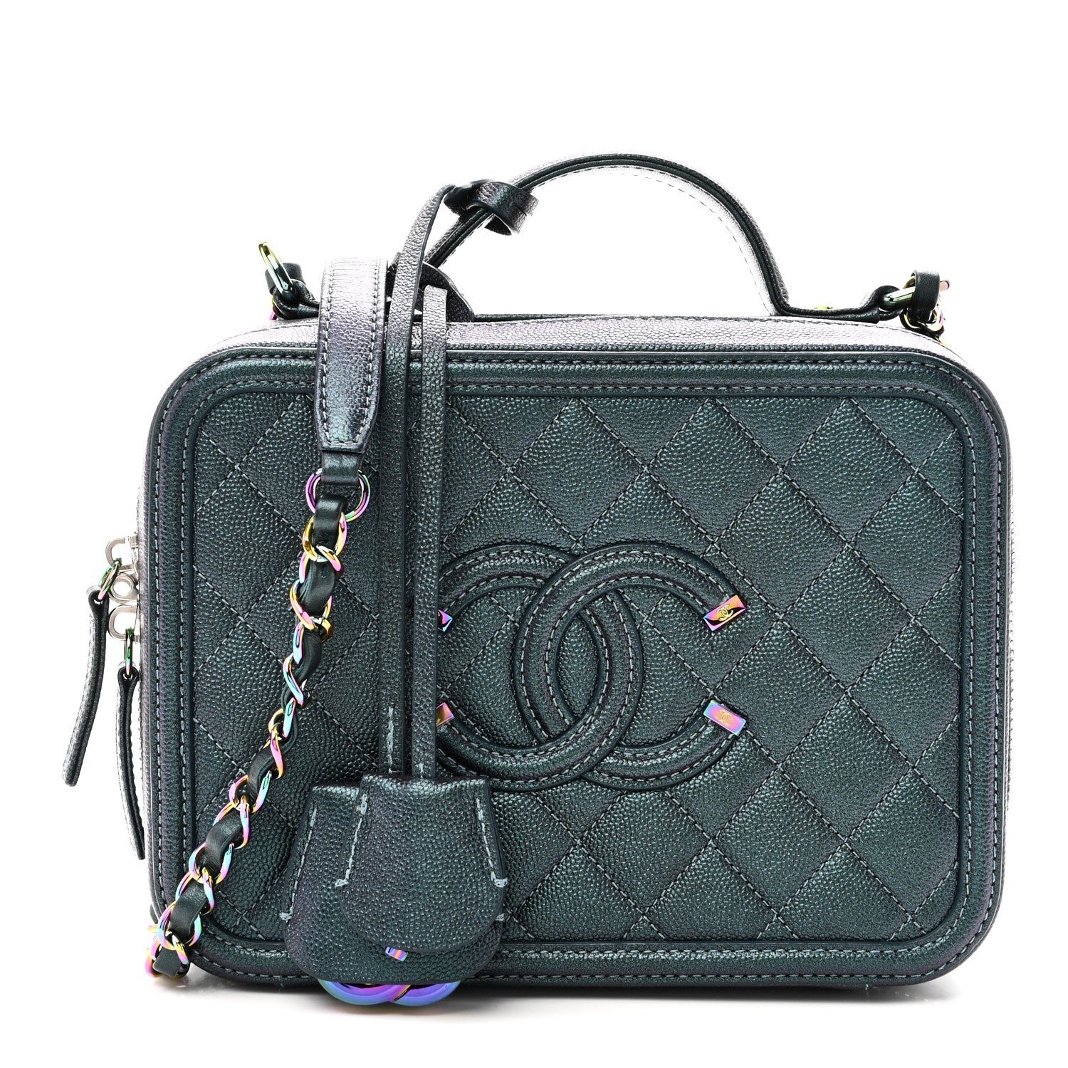Chanel Iridescent Caviar Quilted Medium CC Filigree Vanity Case Dark Turquoise