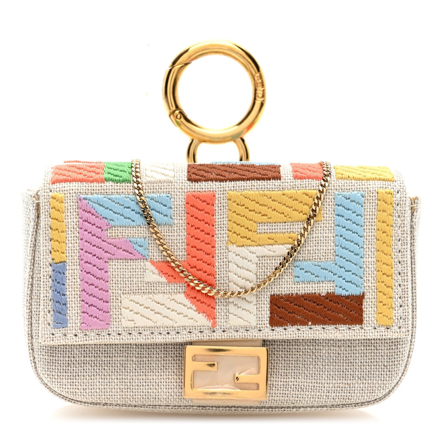 Fendi Kuban Canvas FF Embroidered Nano Baguette Charm Grezzo Multicolor