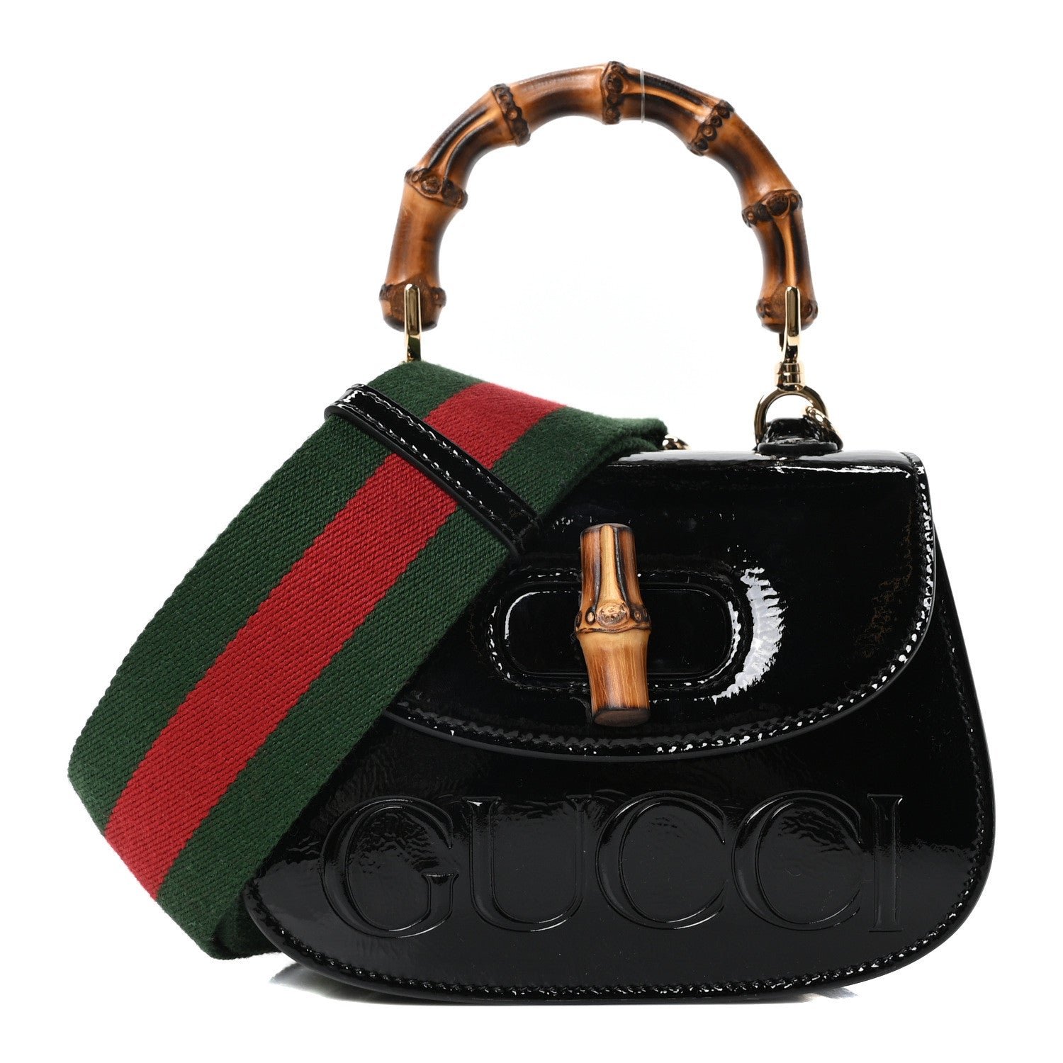 Gucci Skipper Calf Web Logo Embossed Mini Bamboo 1947 Top Handle Bag Black
