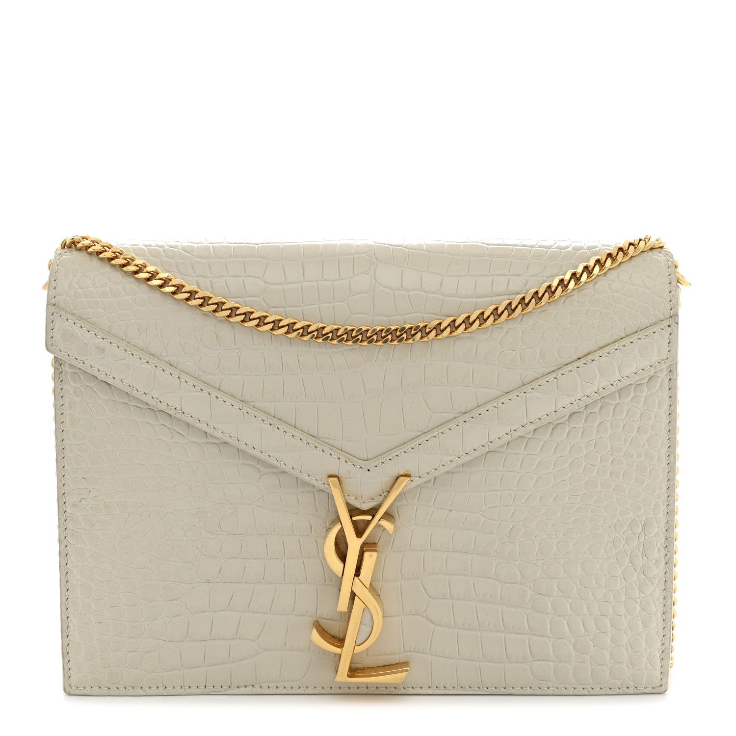 Saint Laurent Saint Laurent Calfskin Crocodile Embossed Monogram Cassandra Clasp Bag Crema Soft