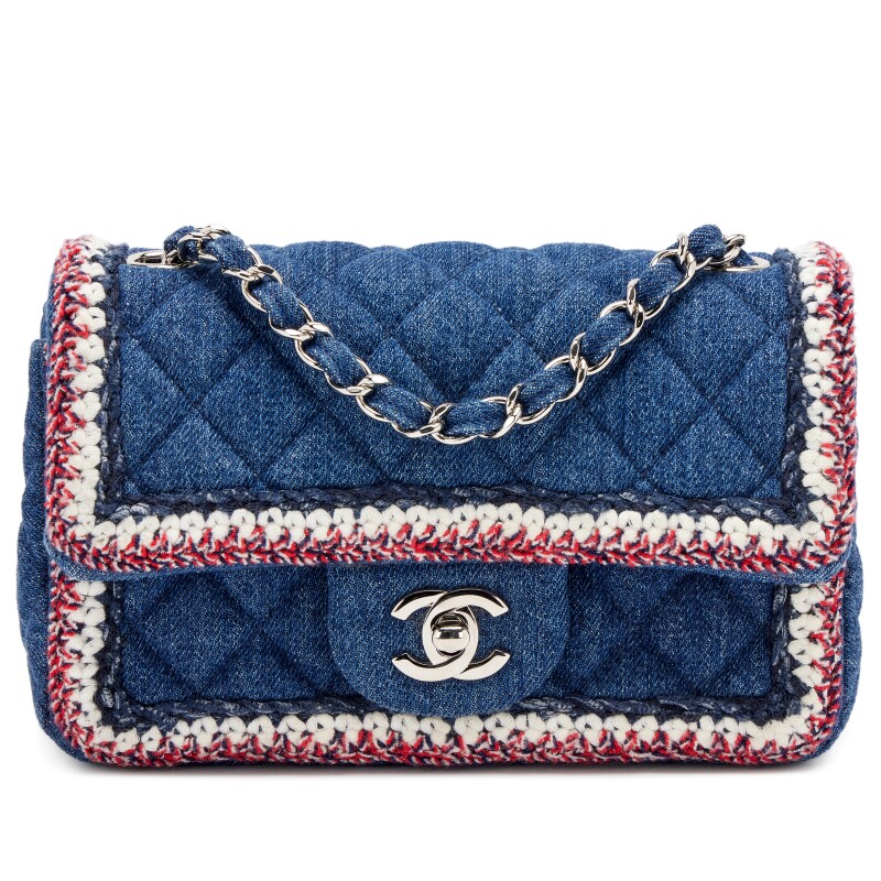 Dark Blue Quilted Denim Multicolor Tweed Braided Mini Rectangular Classic Single Flap Bag Silver Hardware, 2018