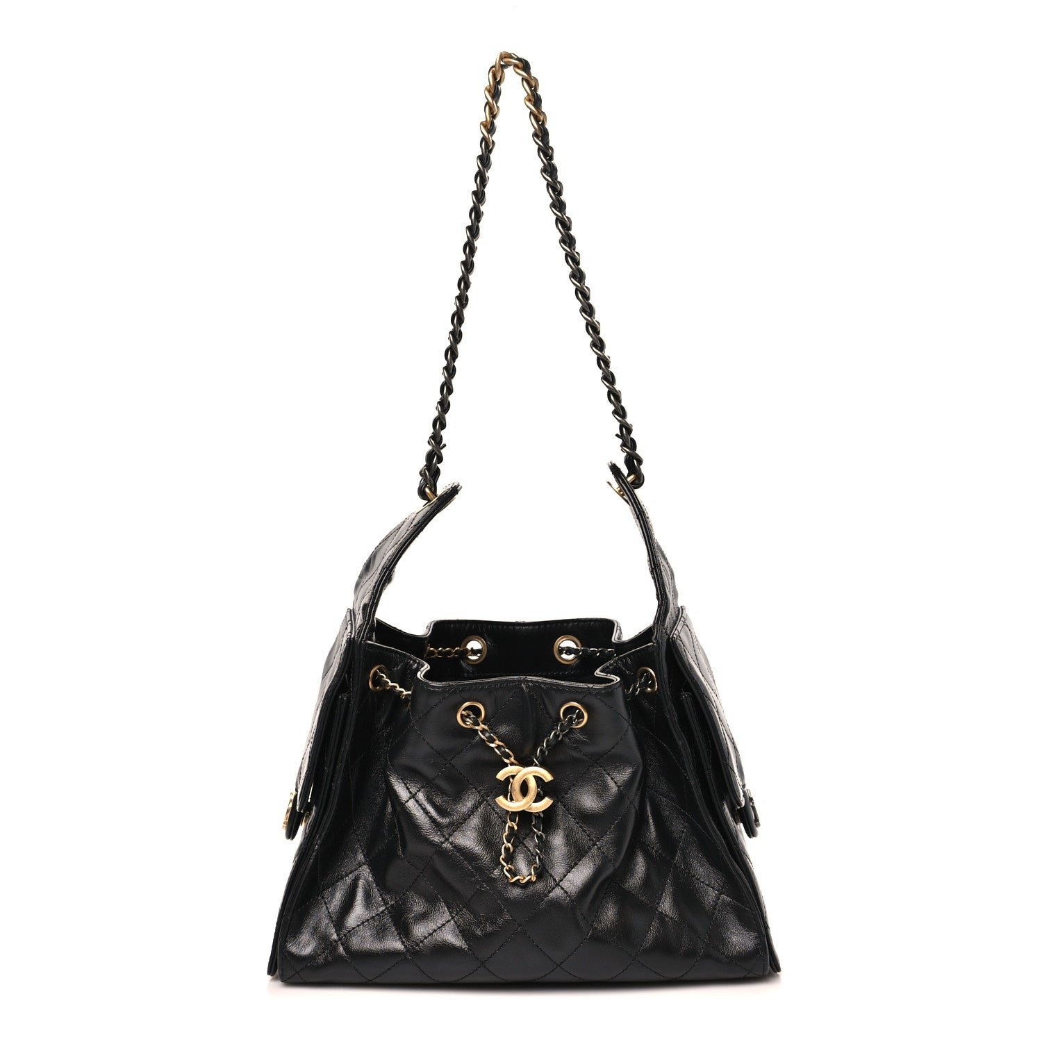 Chanel Shiny Crumpled Calfskin Quilted Small Chanel 25 Handbag Black