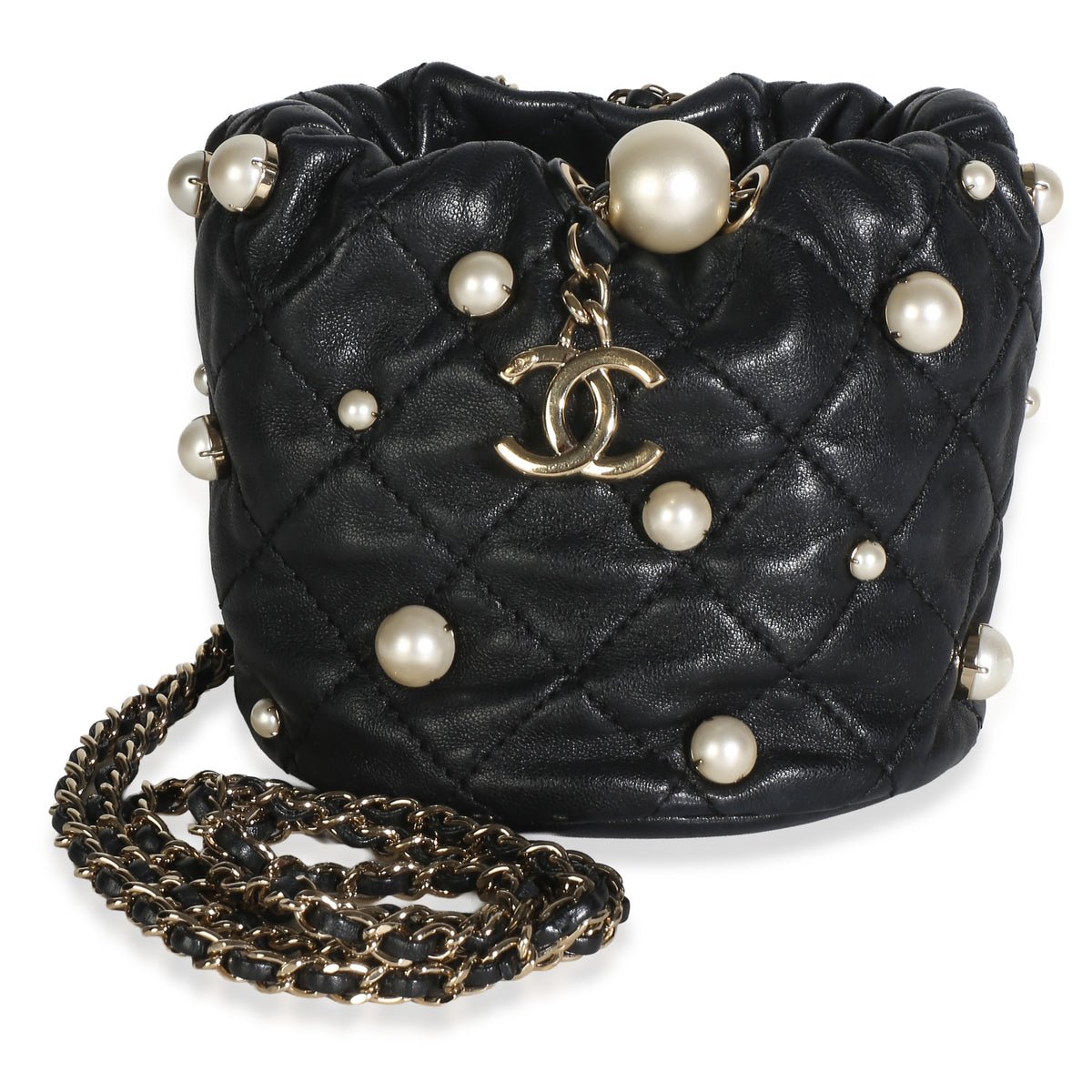 Black Quilted Lambskin Mini About Pearls Drawstring Bucket Bag